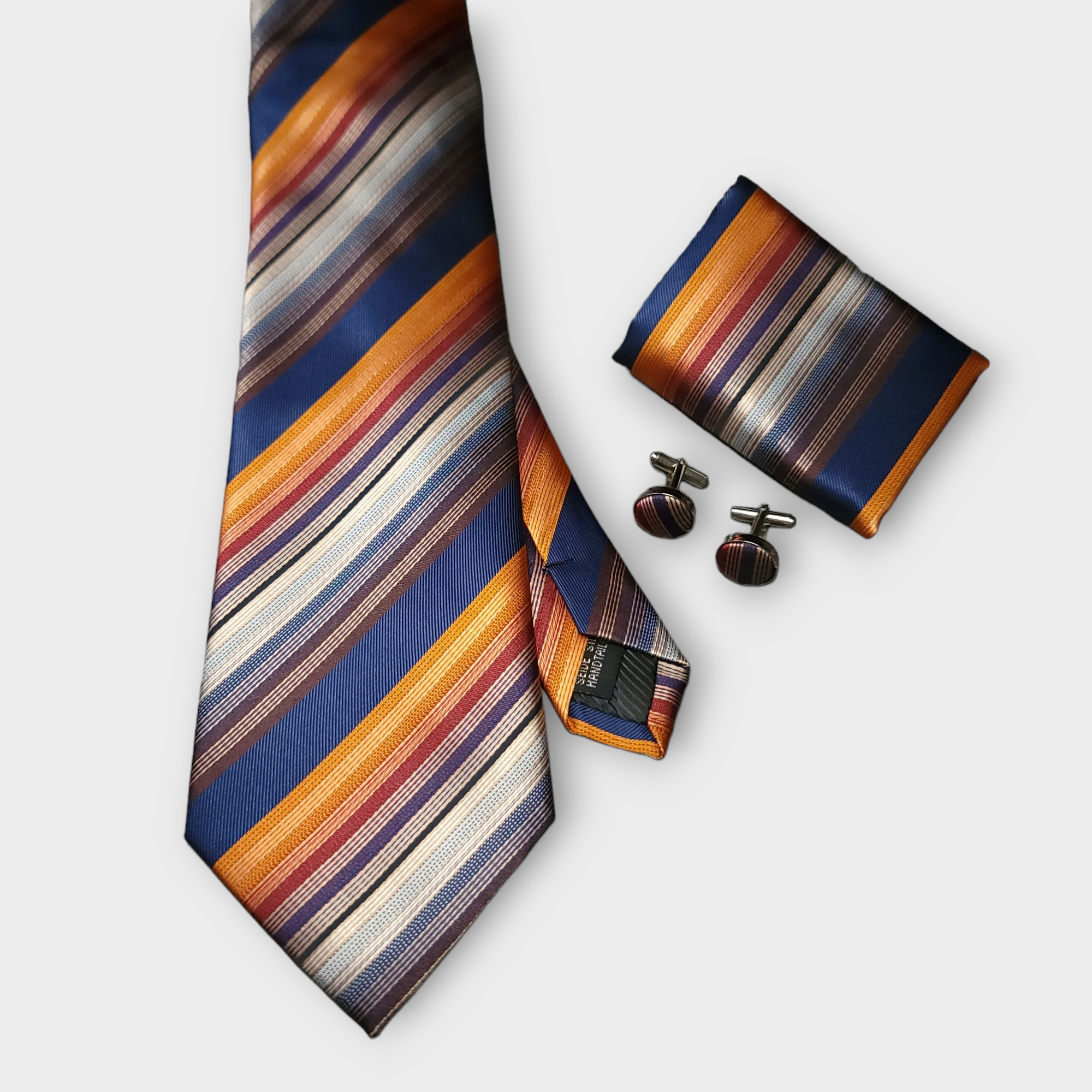 Navy Gold Striped Silk Tie Pocket Square Cufflink Set