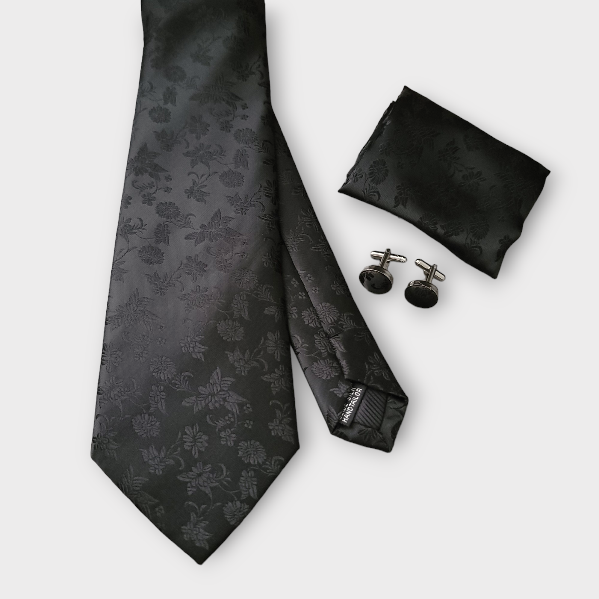 Black Floral Solid Silk Tie Pocket Square Cufflink Set