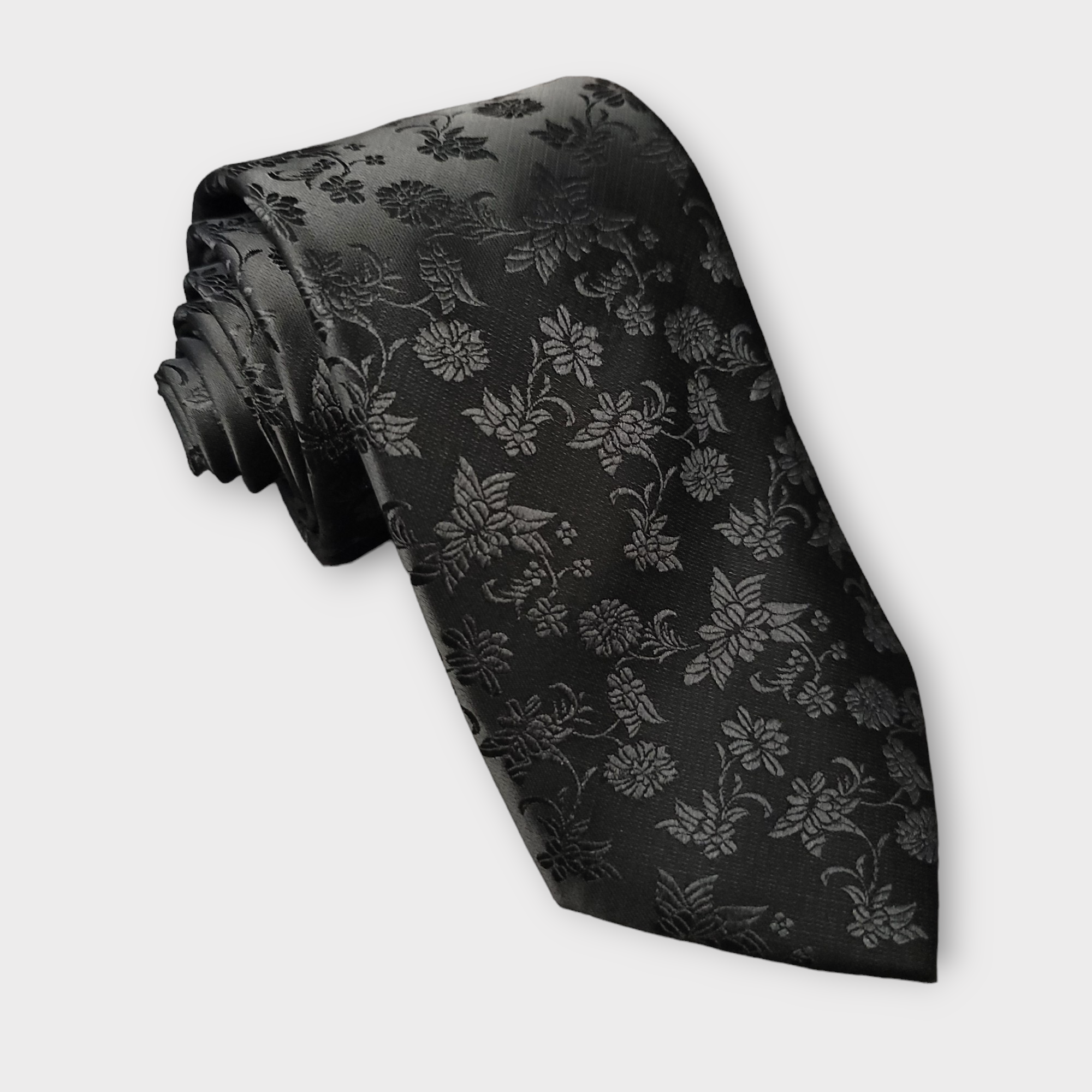 Black Floral Solid Silk Tie Pocket Square Cufflink Set