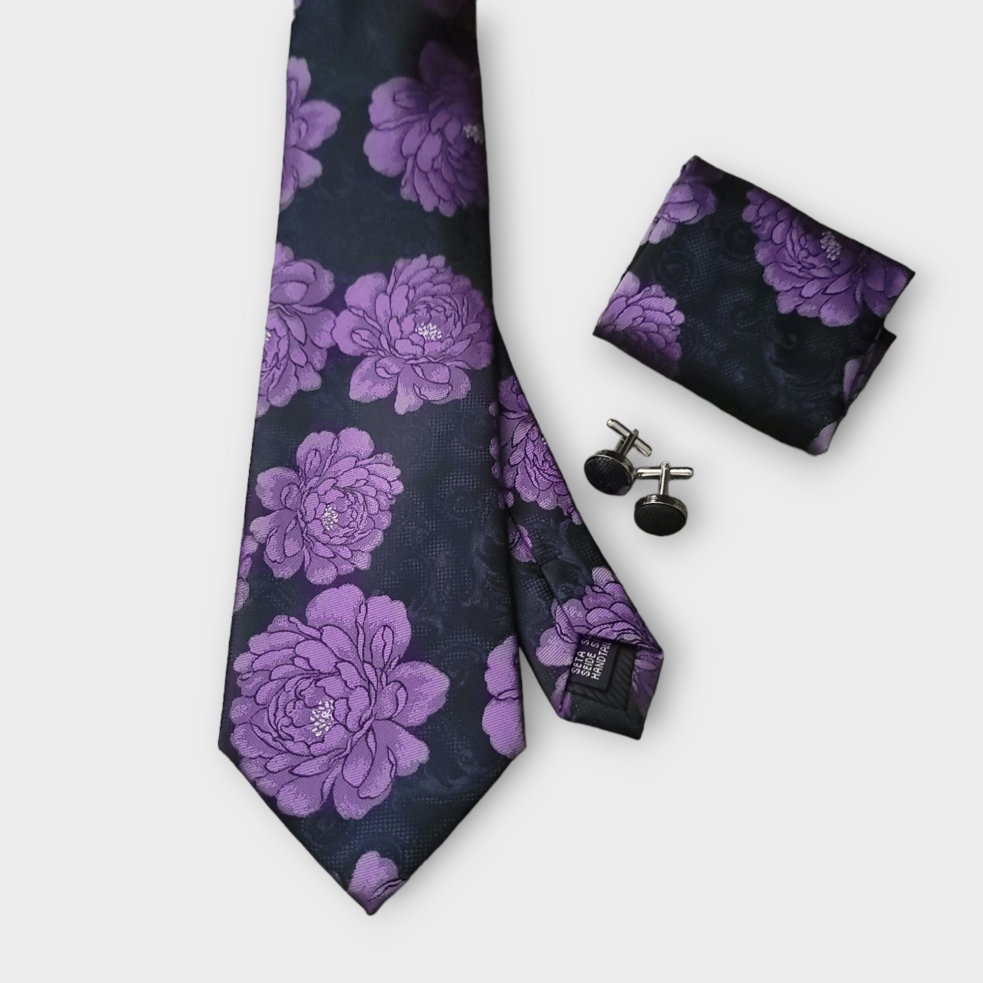 Black Purple Floral Tie Pocket Square Cufflink Set