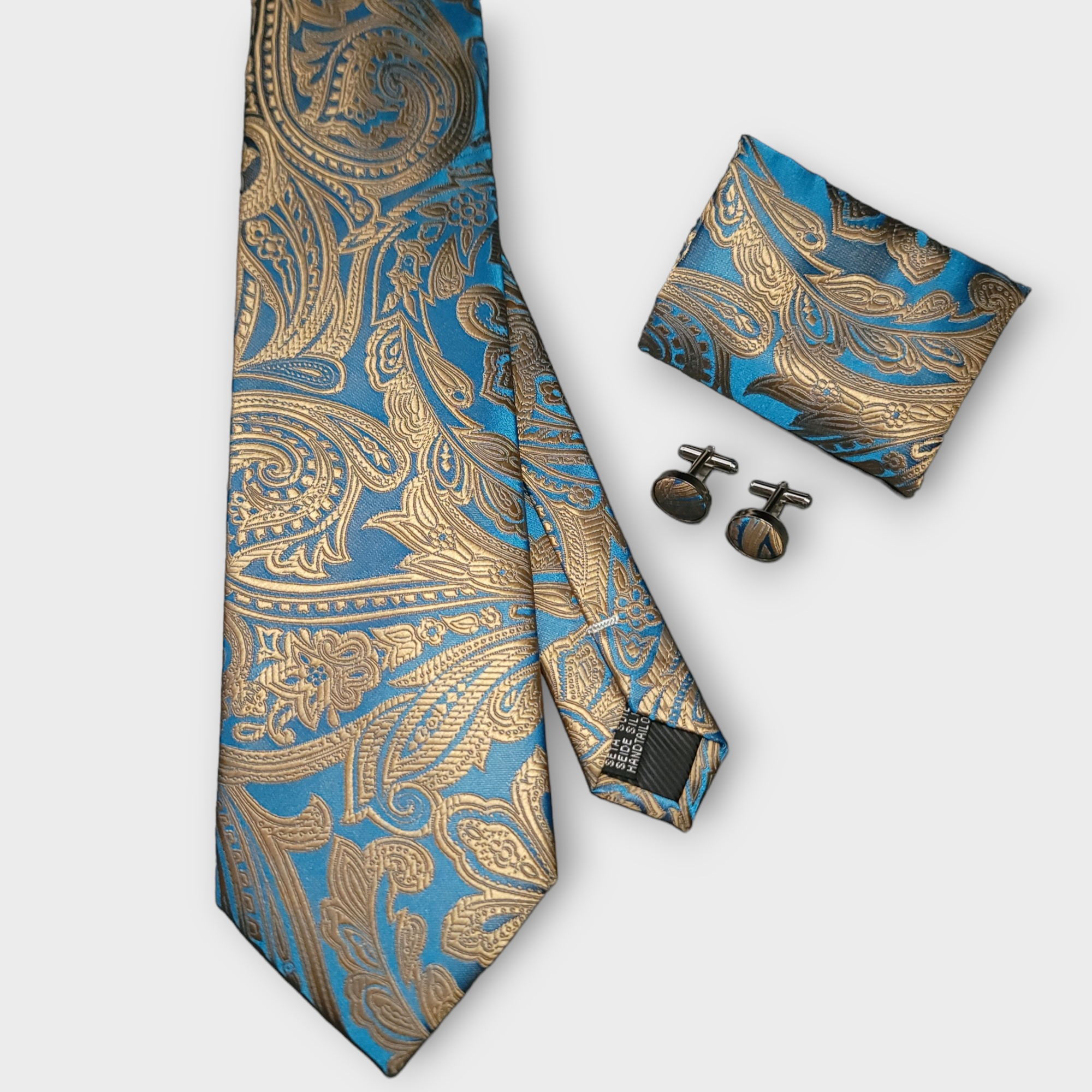 Teal Gold Silk Tie Pocket Square Cufflink Set