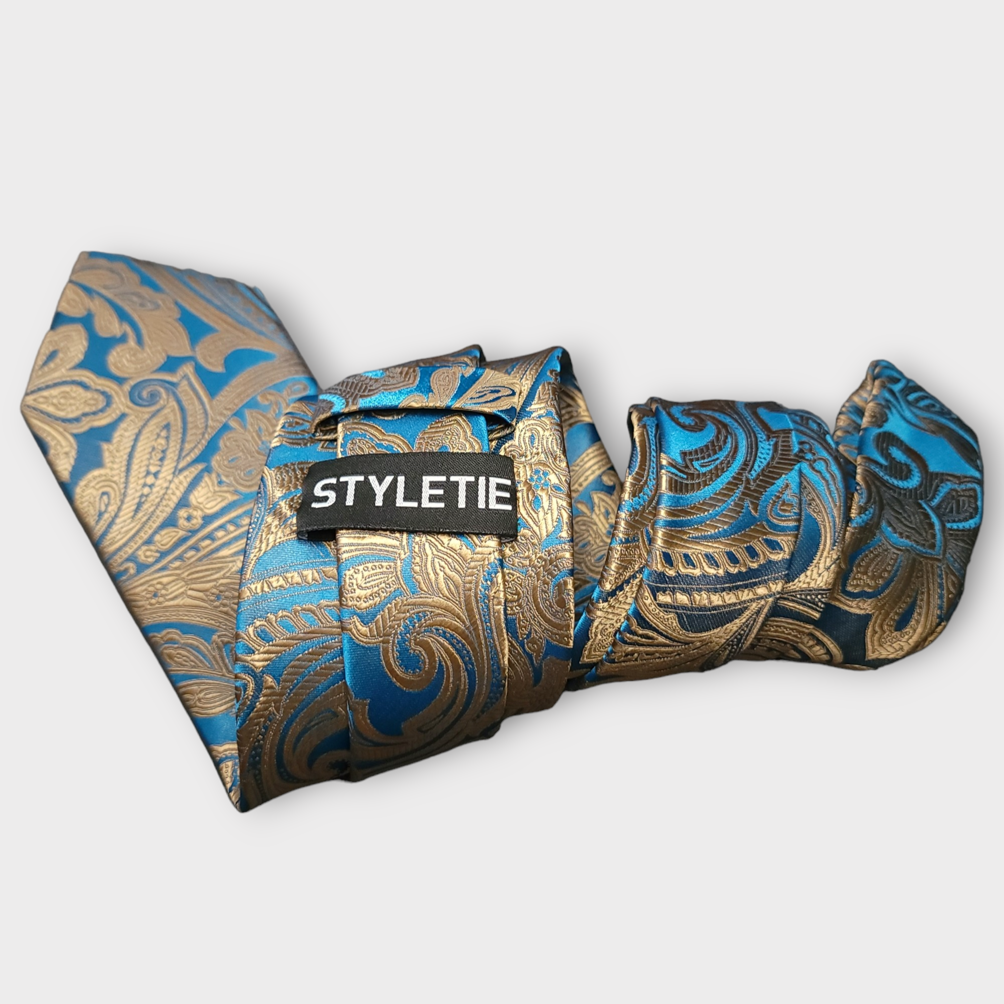 Teal Gold Silk Tie Pocket Square Cufflink Set