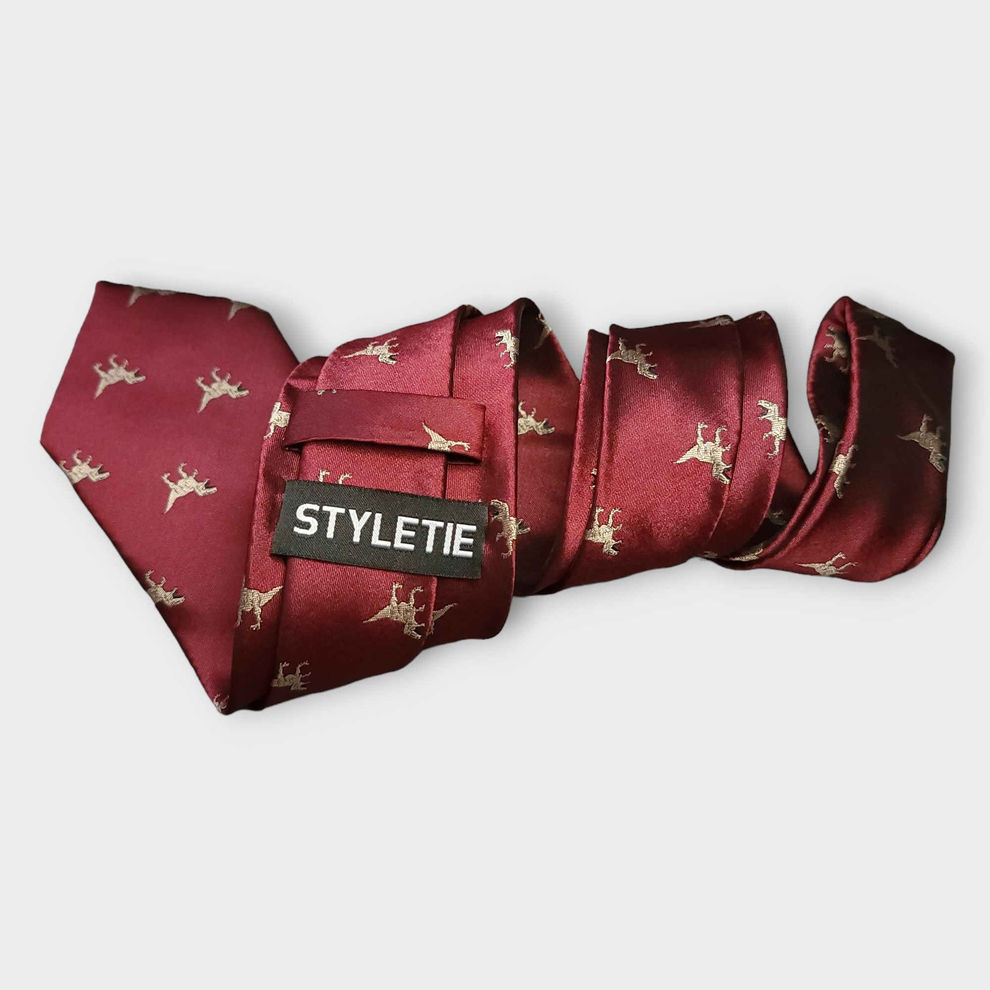 Burgundy Dinosaur Silk Tie Pocket Square Cufflinks Set