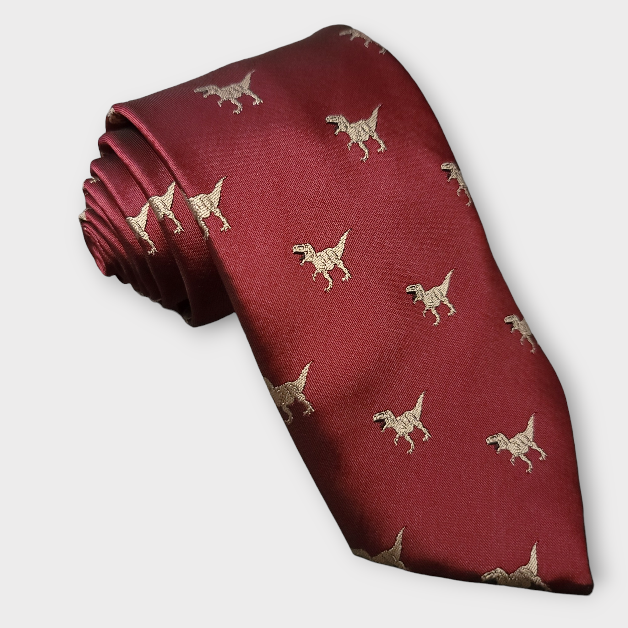 Burgundy Dinosaur Silk Tie Pocket Square Cufflinks Set