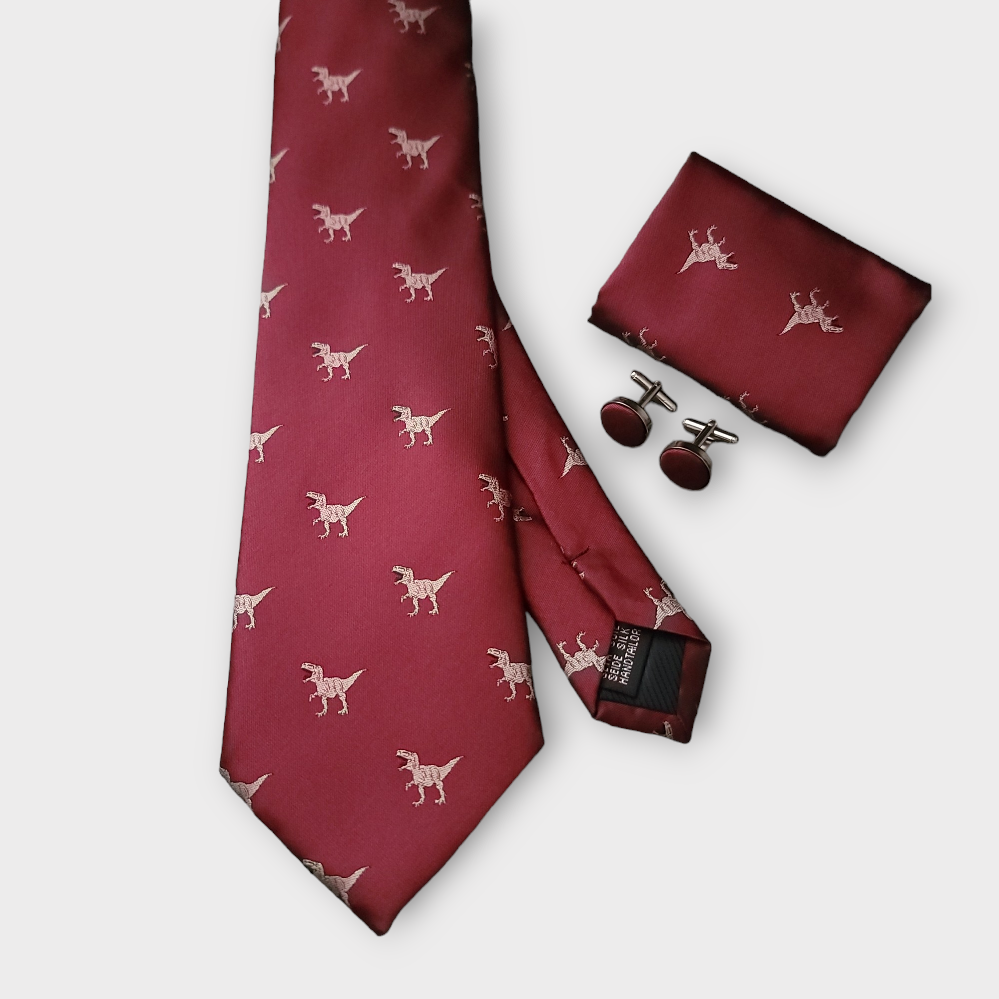 Burgundy Dinosaur Silk Tie Pocket Square Cufflinks Set