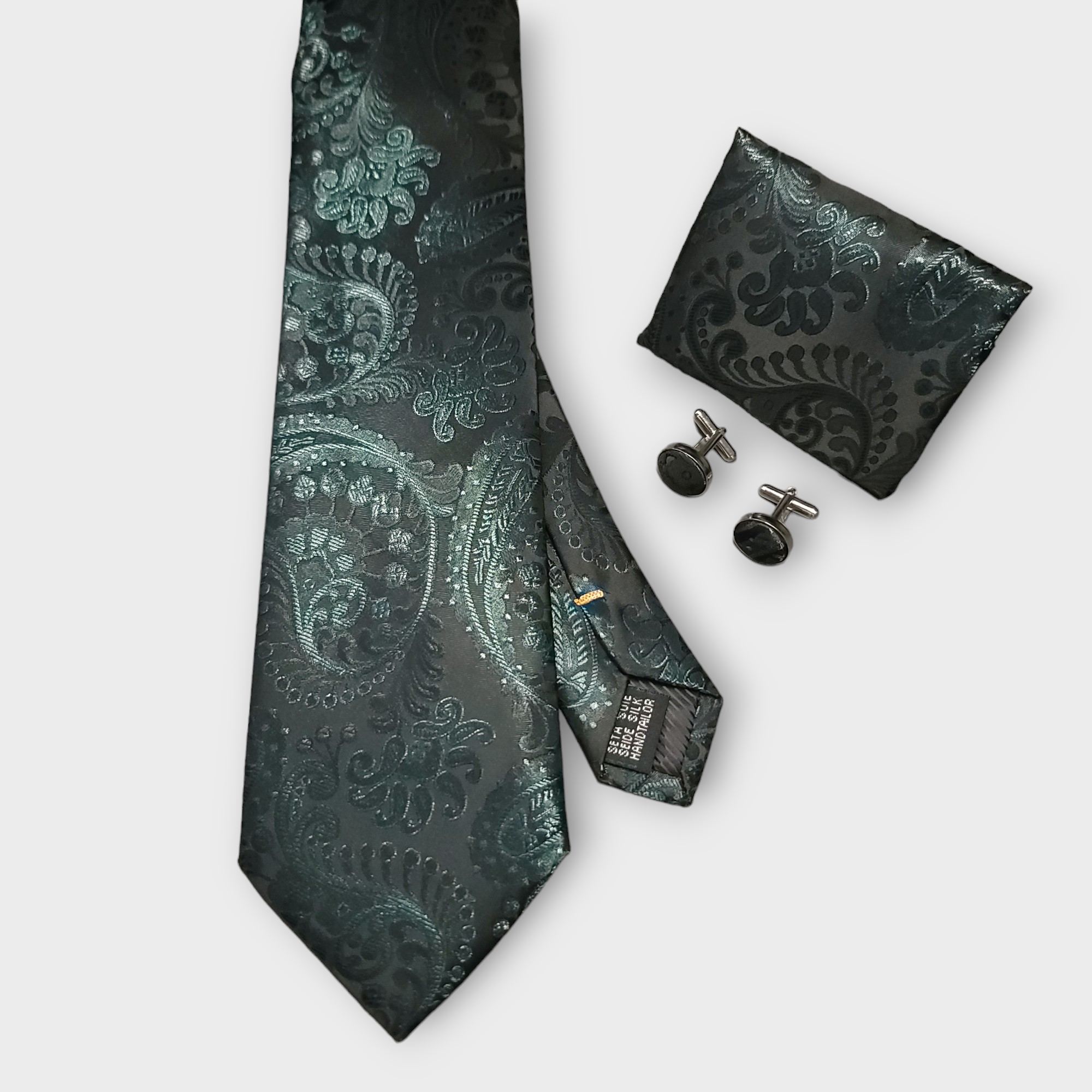 Dark Forest Green Paisley Silk Tie Pocket Square Cufflink Set
