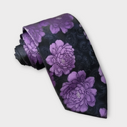 Black Purple Floral Tie Pocket Square Cufflink Set