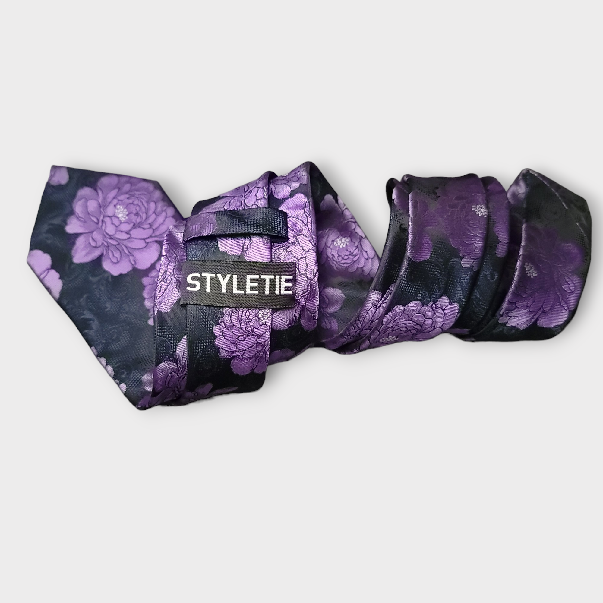 Black Purple Floral Tie Pocket Square Cufflink Set