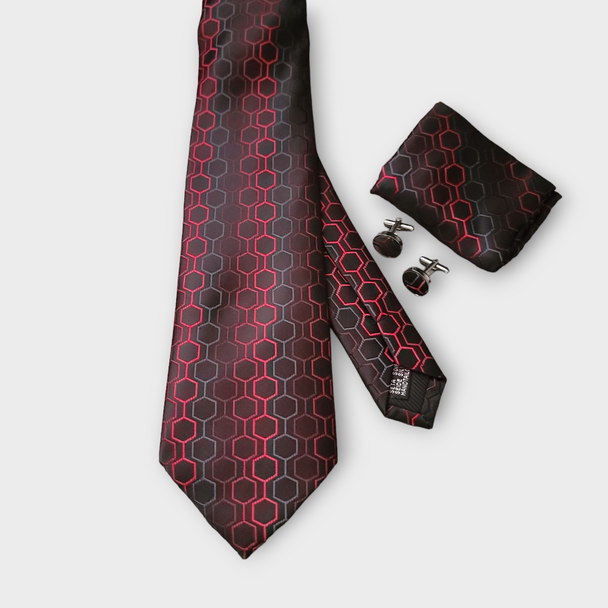 Black Dimgray Red Geometric Tie Set Pocket Square & Cufflinks