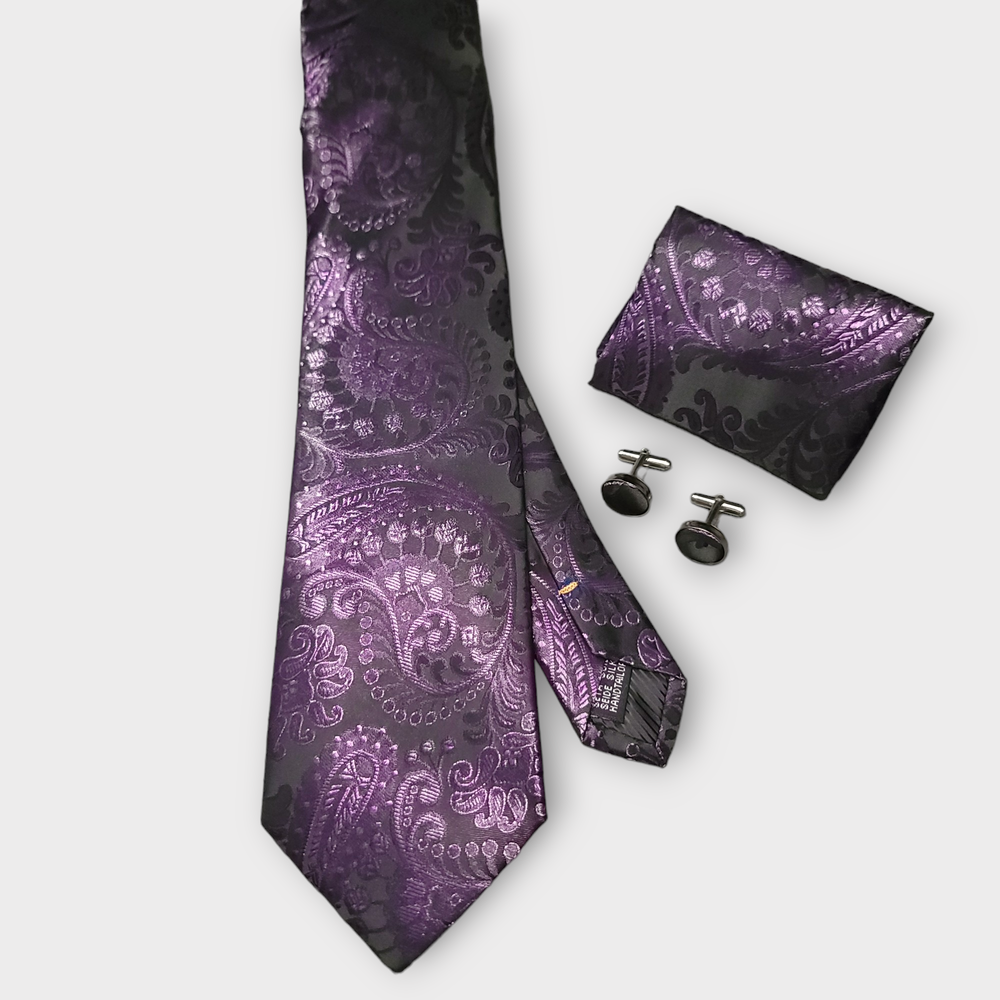 Black Purple Paisley Silk Tie Pocket Square Cufflink Set