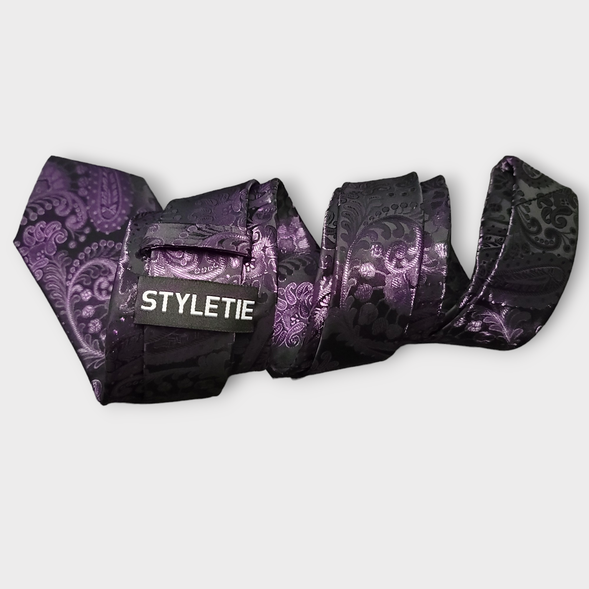 Black Purple Paisley Silk Tie Pocket Square Cufflink Set