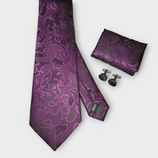 Purple Floral Paisley Silk Tie Pocket Square Cufflink Set