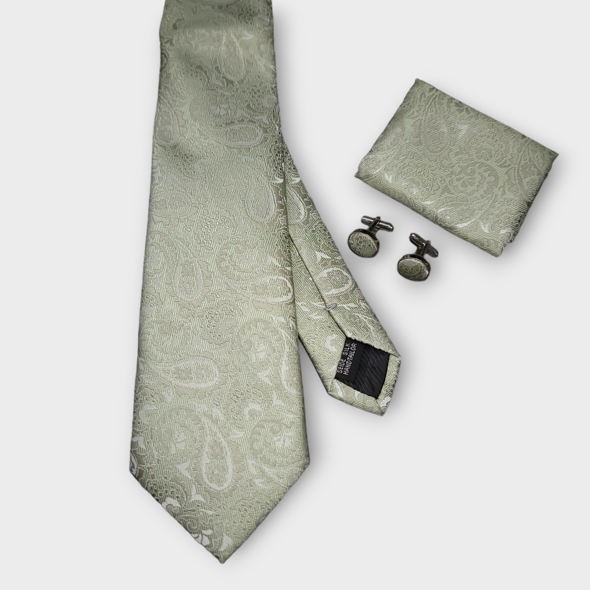 Pistachio Green Paisley Floral Silk Tie Pocket Square Cufflink Set