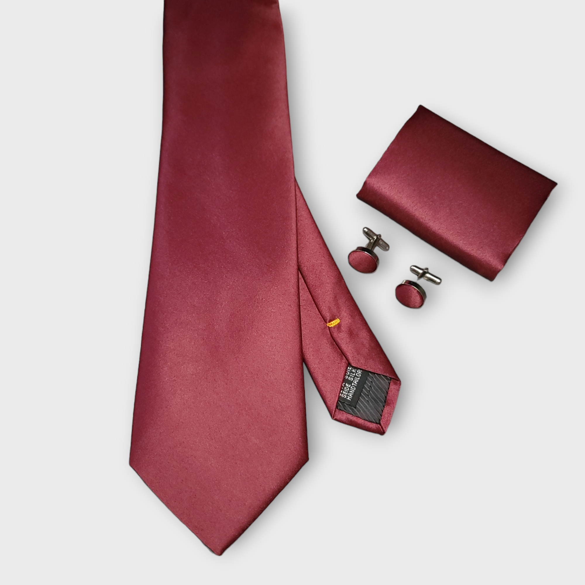 Wine Red Burgundy Silk Tie Pocket Square Cufflink Set