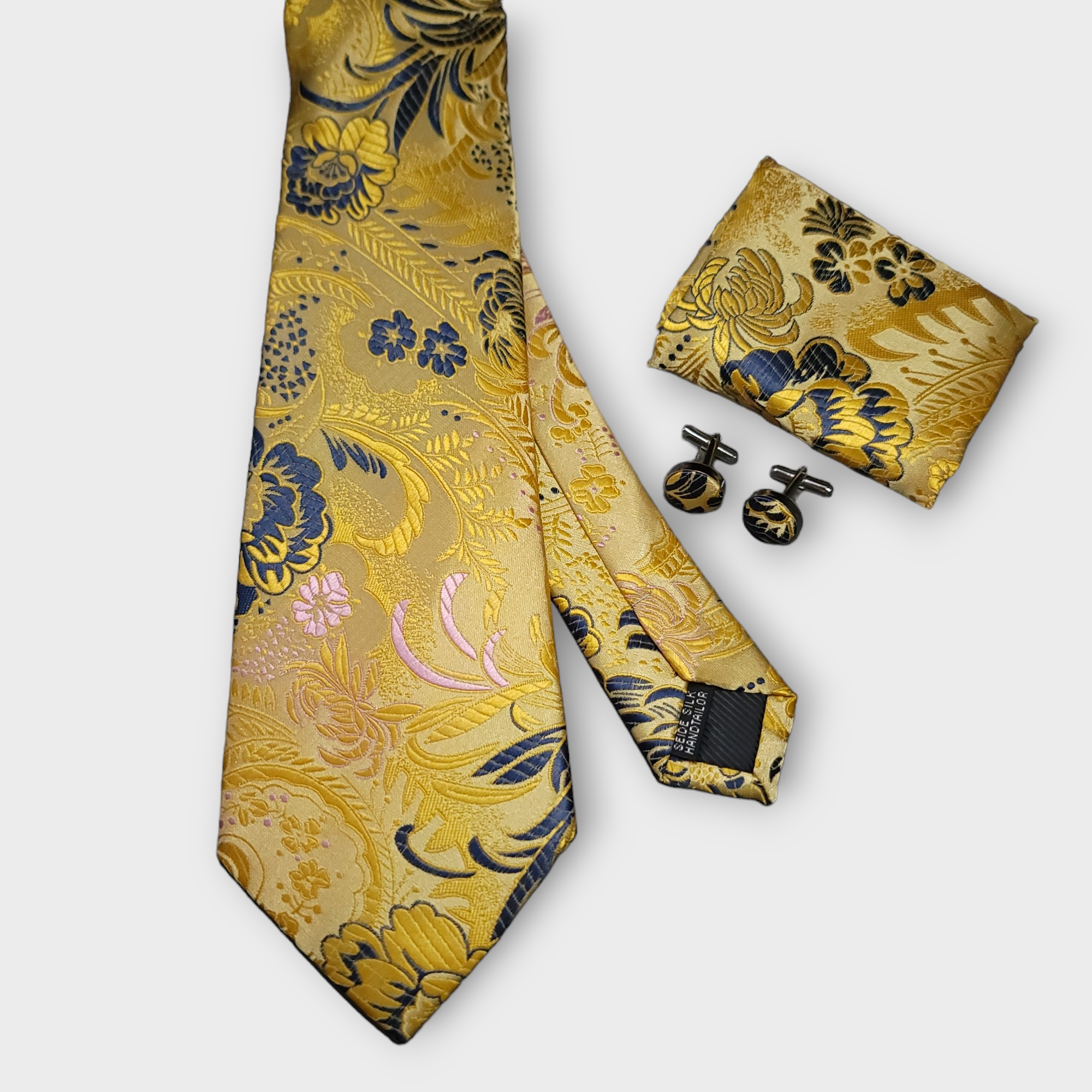 Gold Navy Blue Floral Silk Tie Pocket Square Cufflink Set