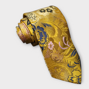 Gold Navy Blue Floral Silk Tie Pocket Square Cufflink Set