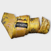 Gold Navy Blue Floral Silk Tie Pocket Square Cufflink Set