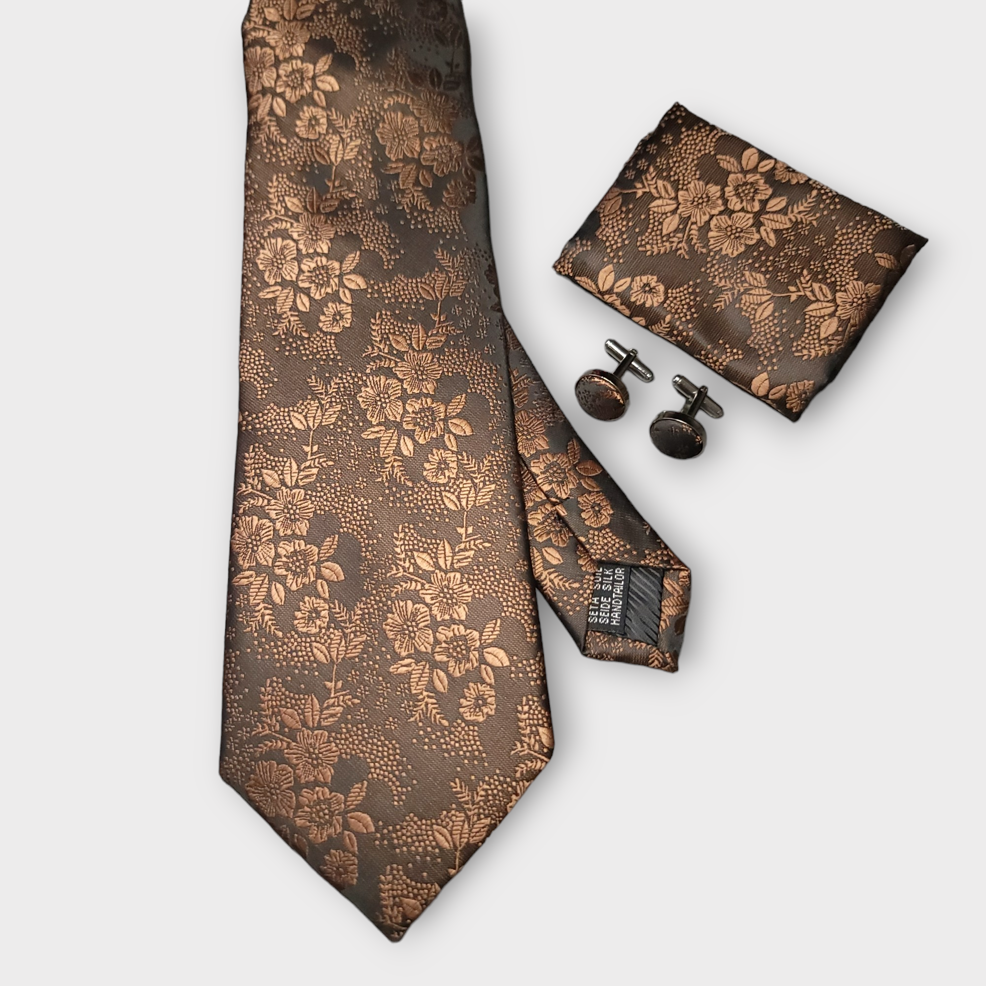 Brown Floral Silk Tie Pocket Square Cufflink Set