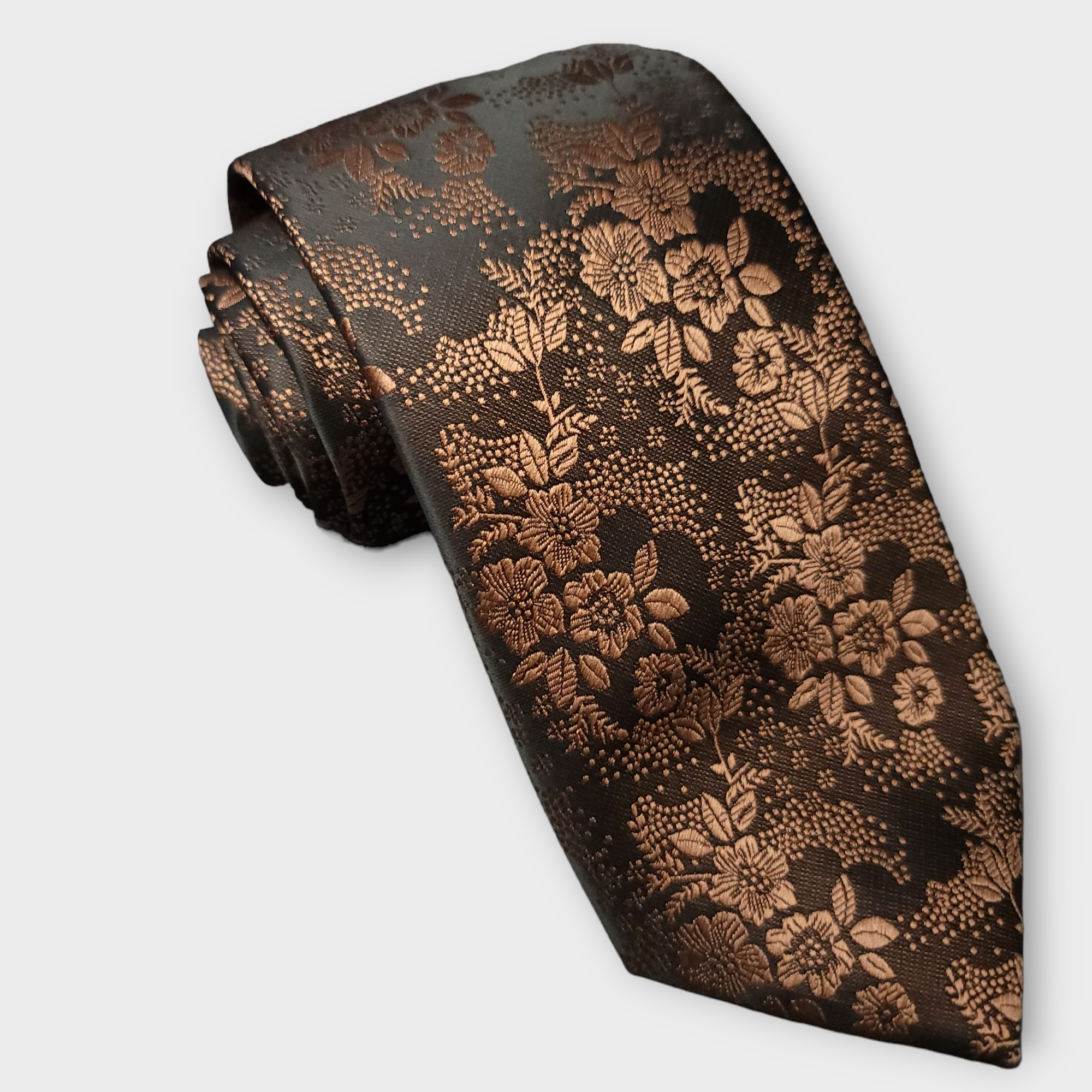 Brown Floral Silk Tie Pocket Square Cufflink Set