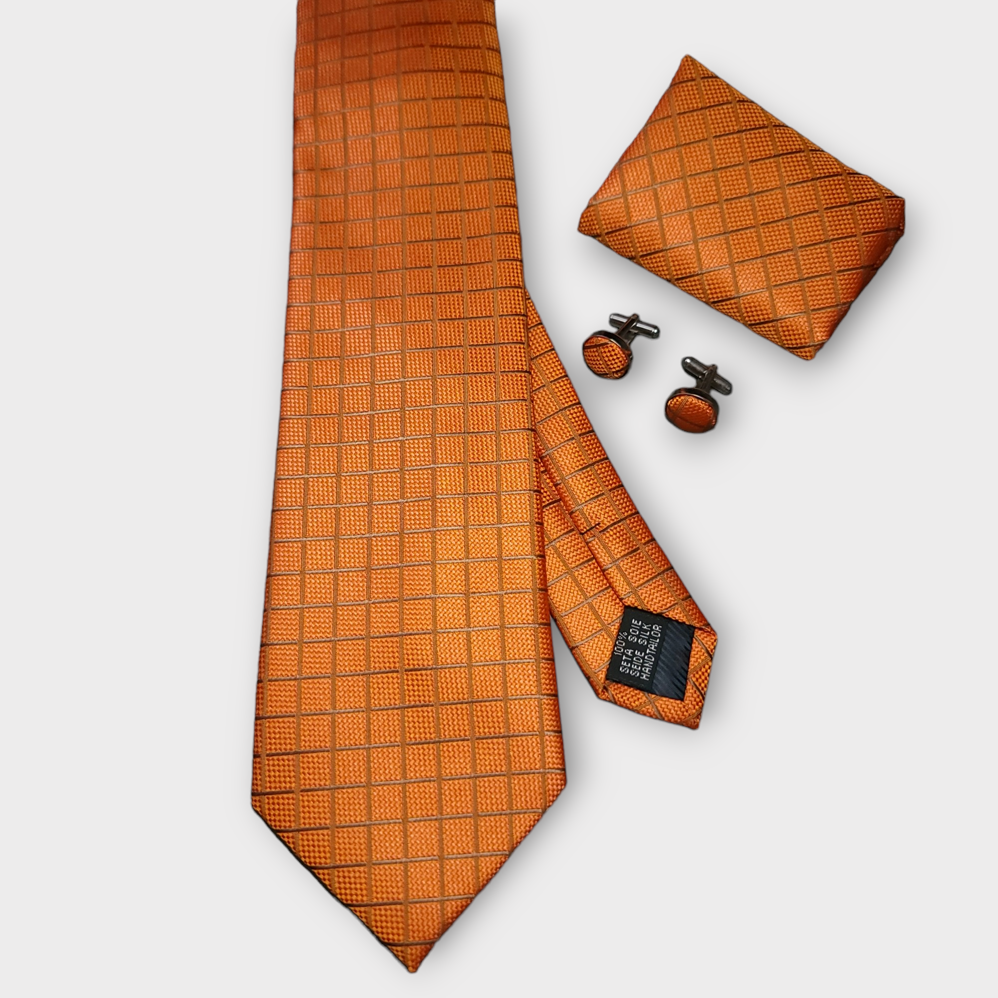 Orange Plaid Tie Set of Pocket Square & Cufflinks