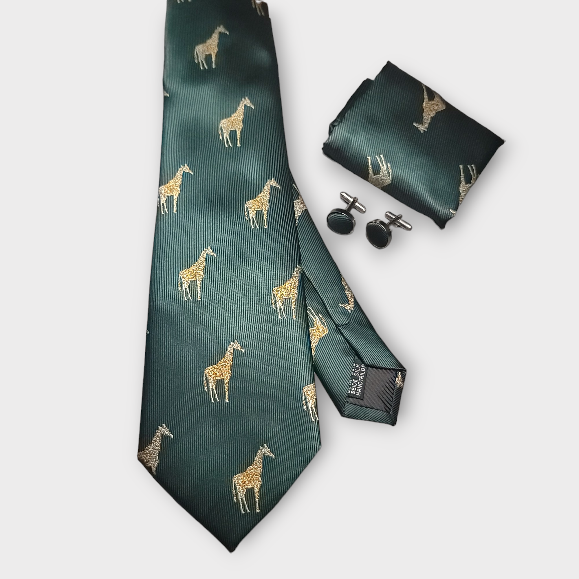 Green Giraffe Silk Tie Pocket Square Cufflink Set