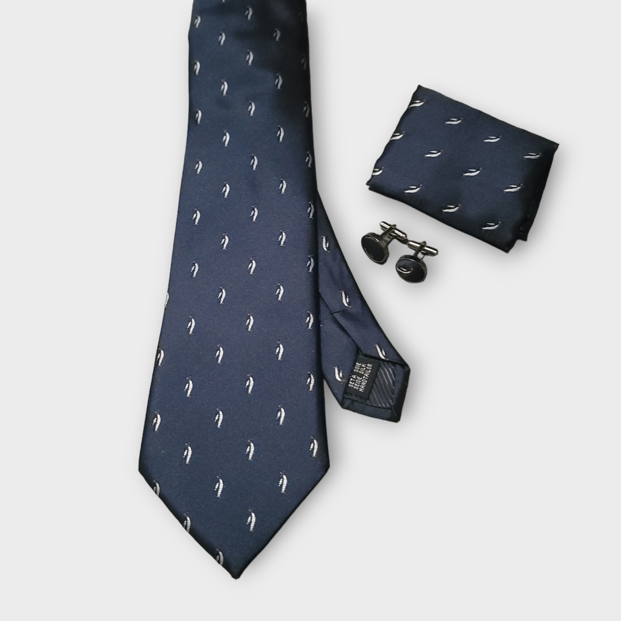 Navy Blue Penguin Pattern Silk Tie Pocket Square Cufflink Set
