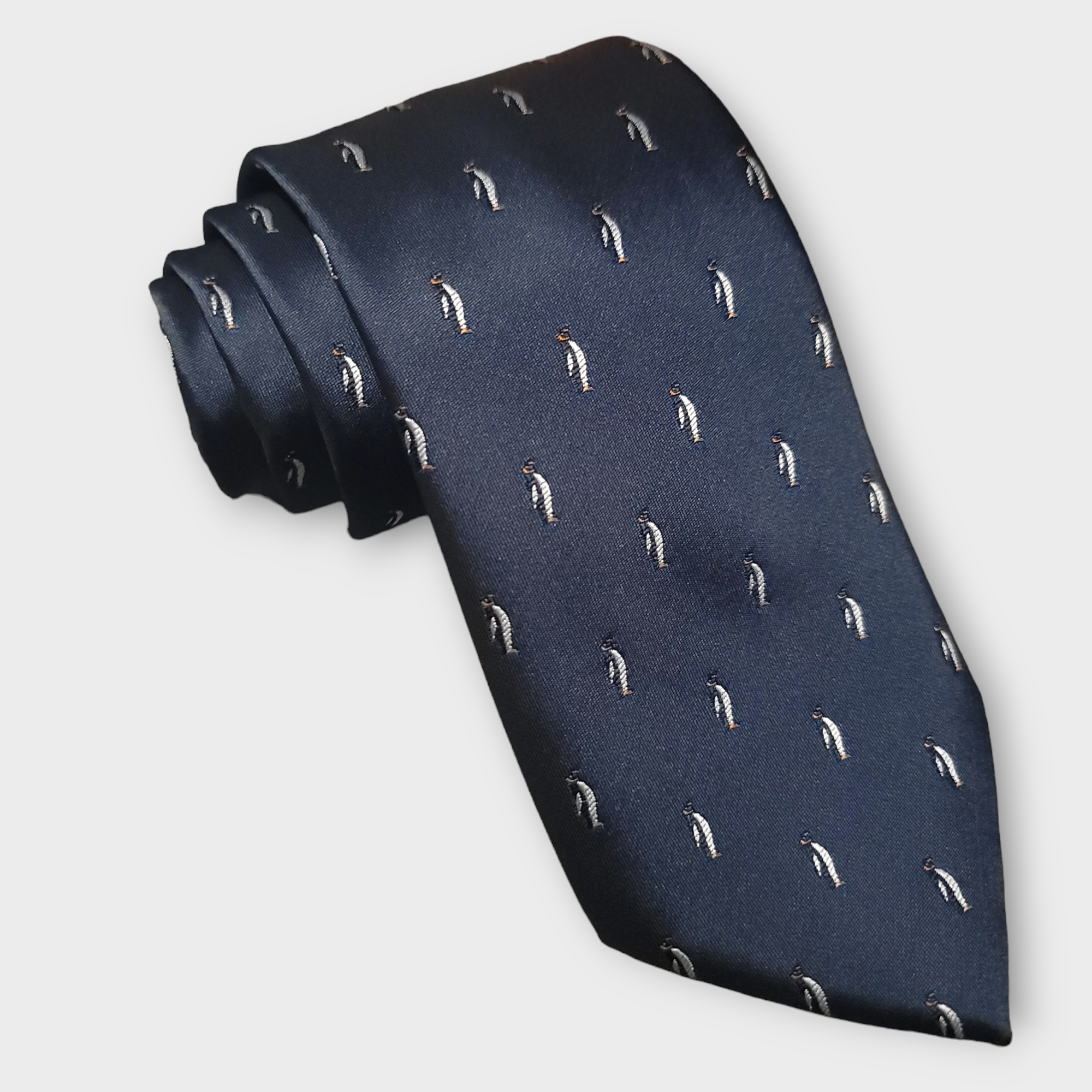 Navy Blue Penguin Pattern Silk Tie Pocket Square Cufflink Set