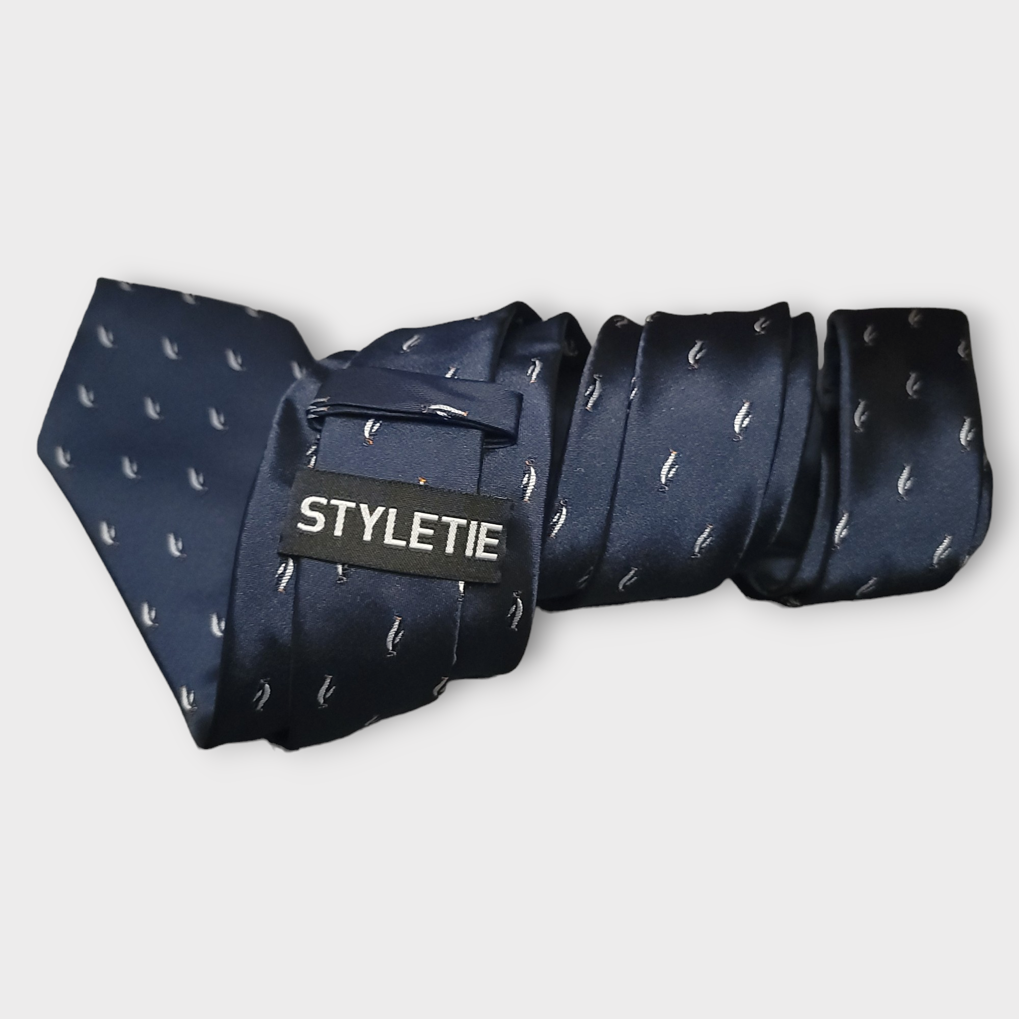 Navy Blue Penguin Pattern Silk Tie Pocket Square Cufflink Set