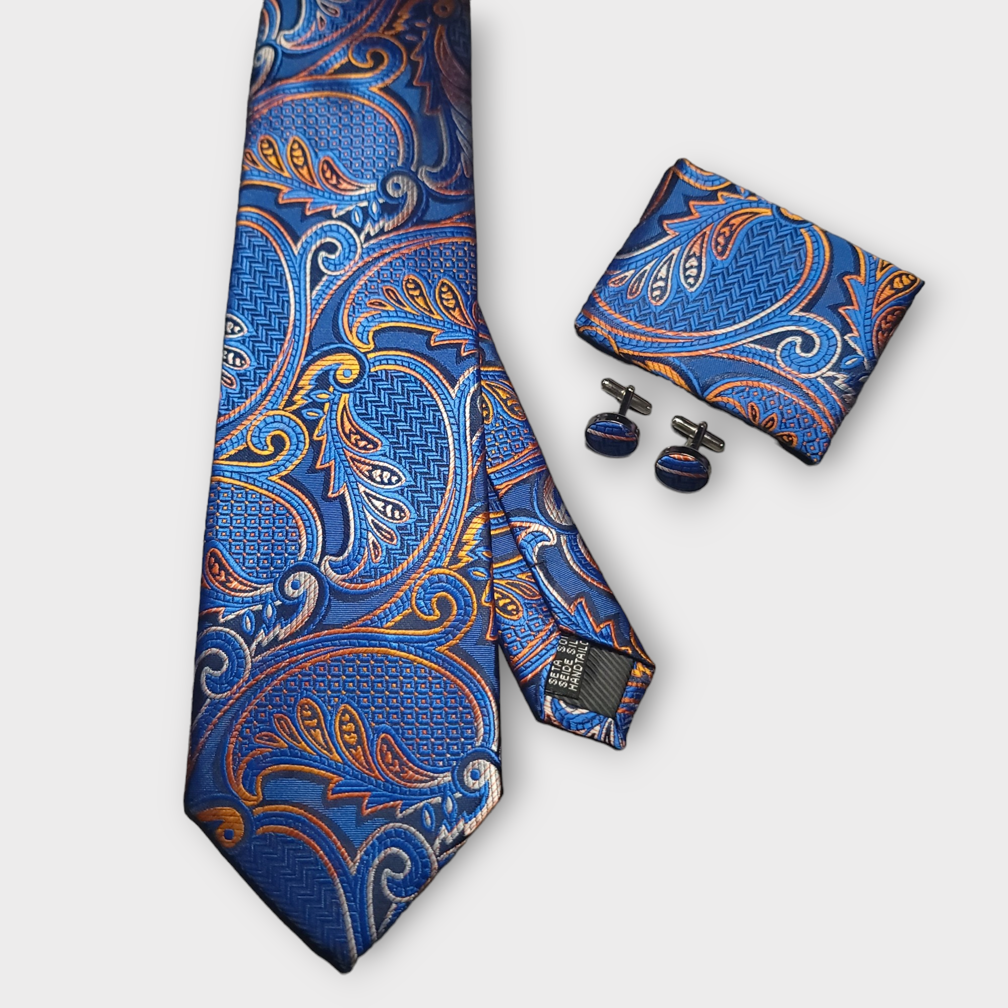 Royal Blue Orange Paisley Silk Tie Pocket Square Cufflink Set