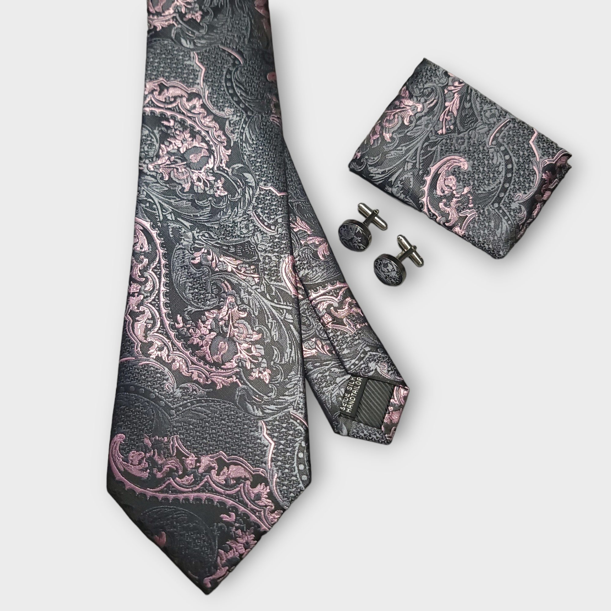 Black Pink Floral Silk Tie Pocket Square Cufflink Set