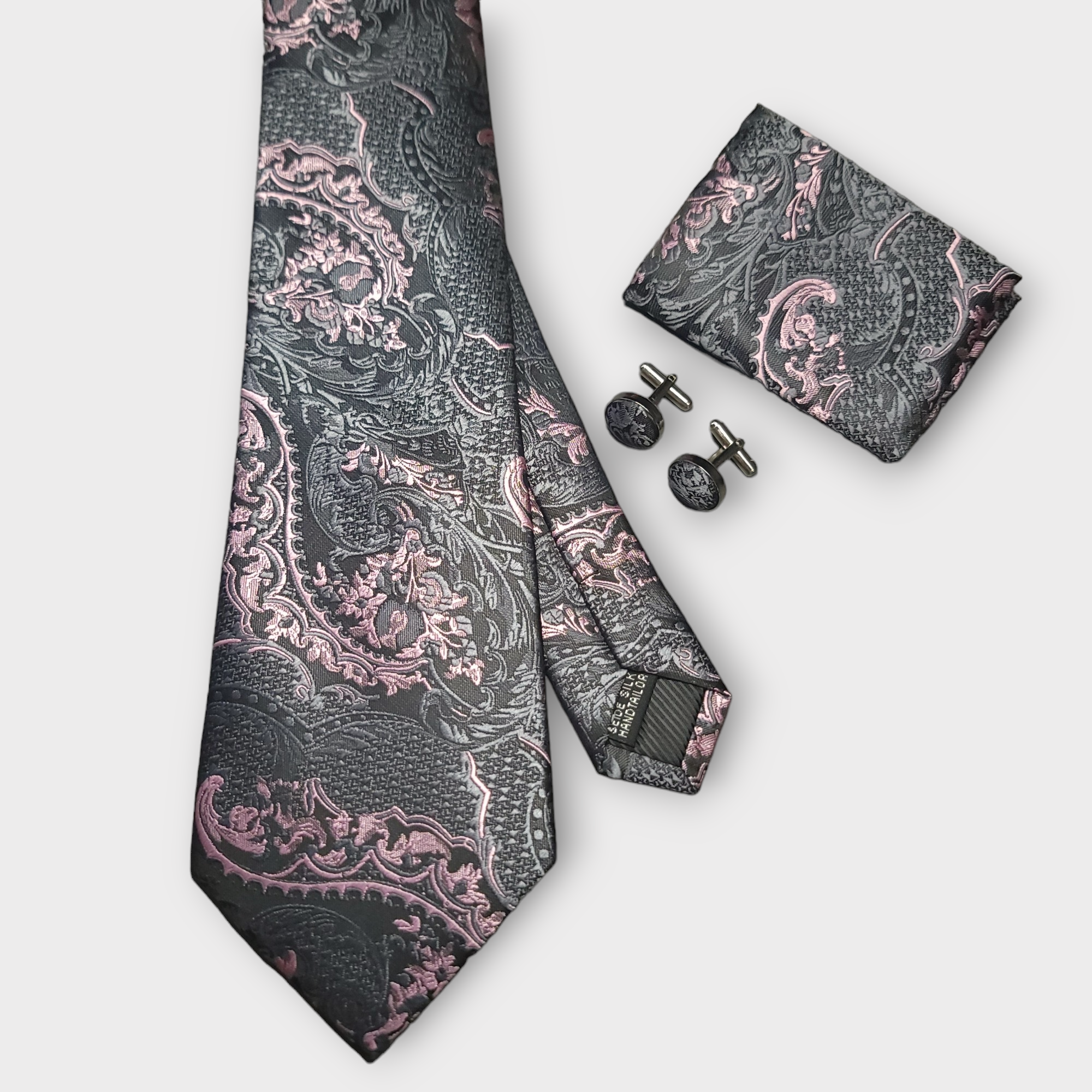 Extra Long Black Pink Tie Pocket Square Cufflink Set
