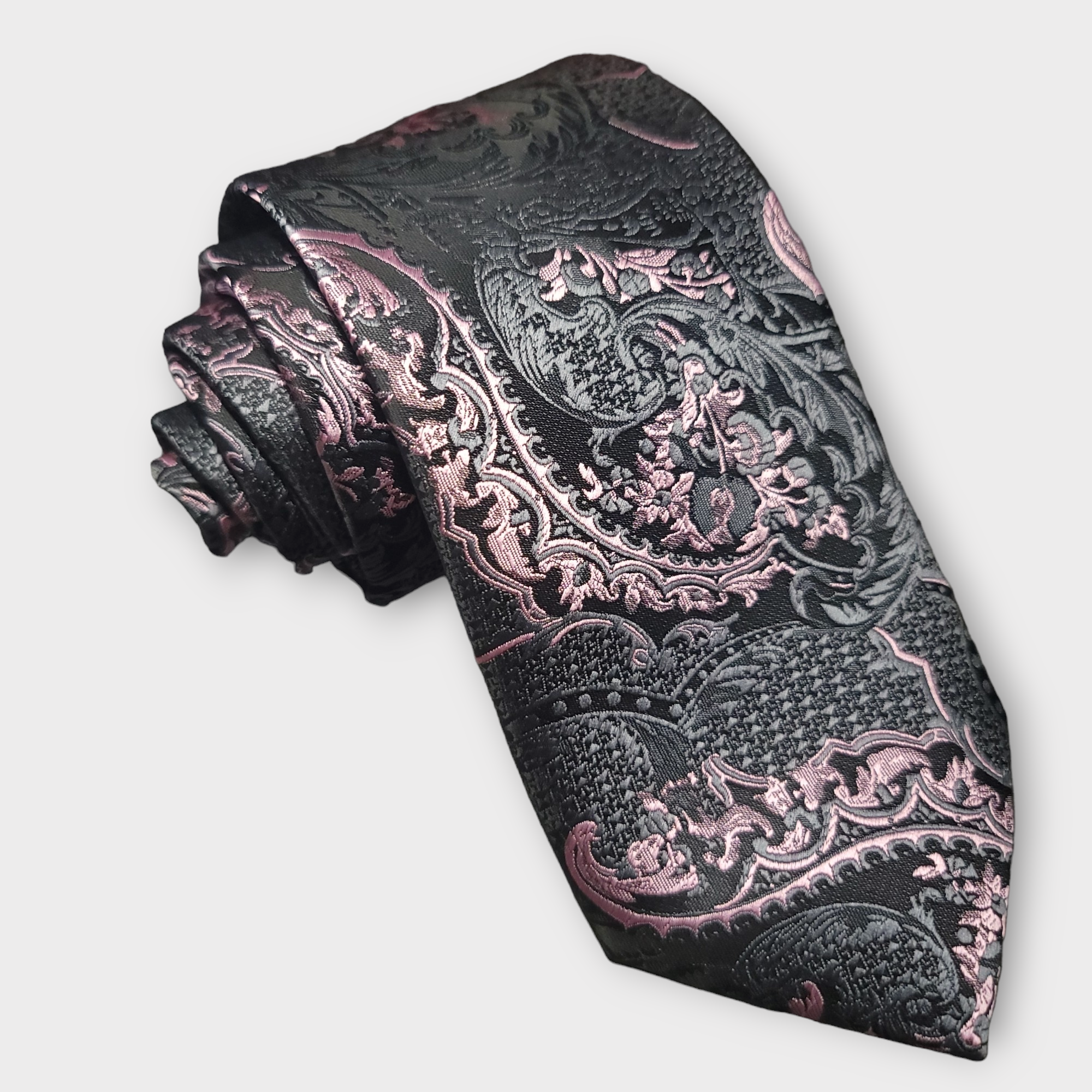 Black Pink Floral Silk Tie Pocket Square Cufflink Set
