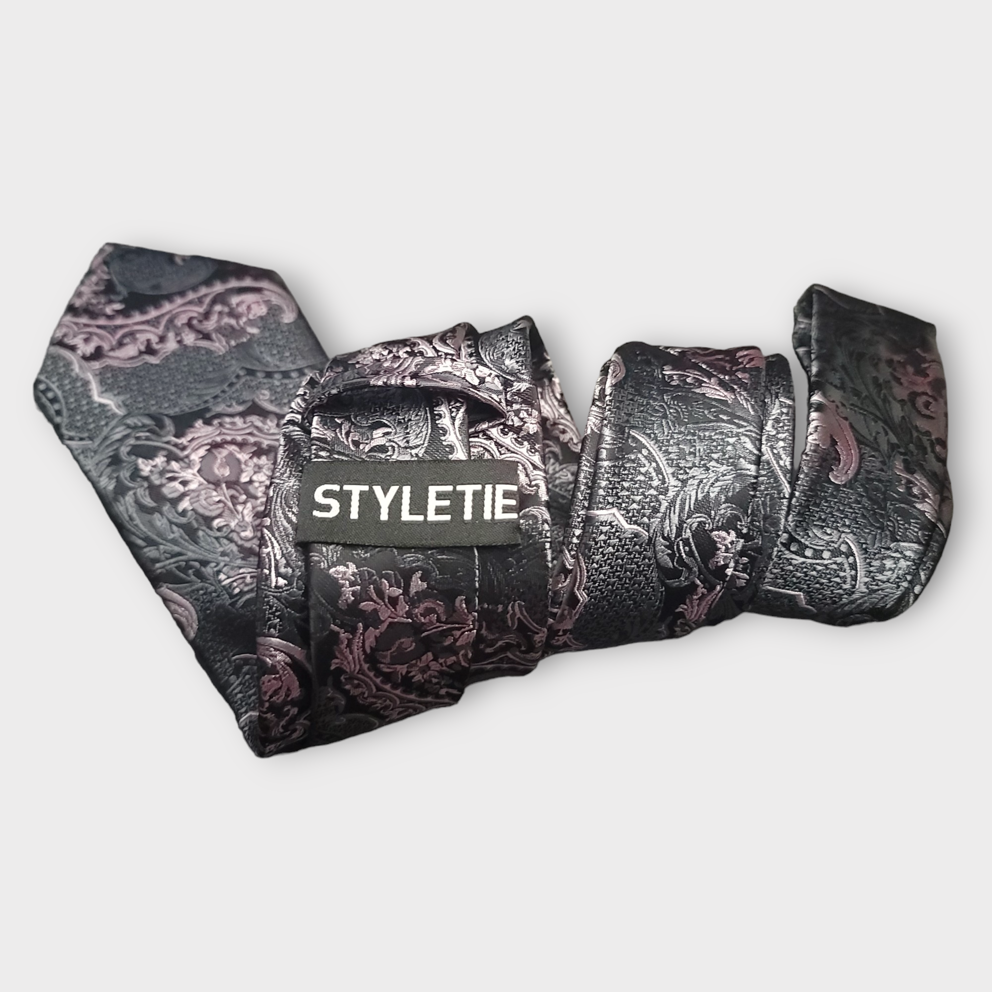 Black Pink Floral Silk Tie Pocket Square Cufflink Set