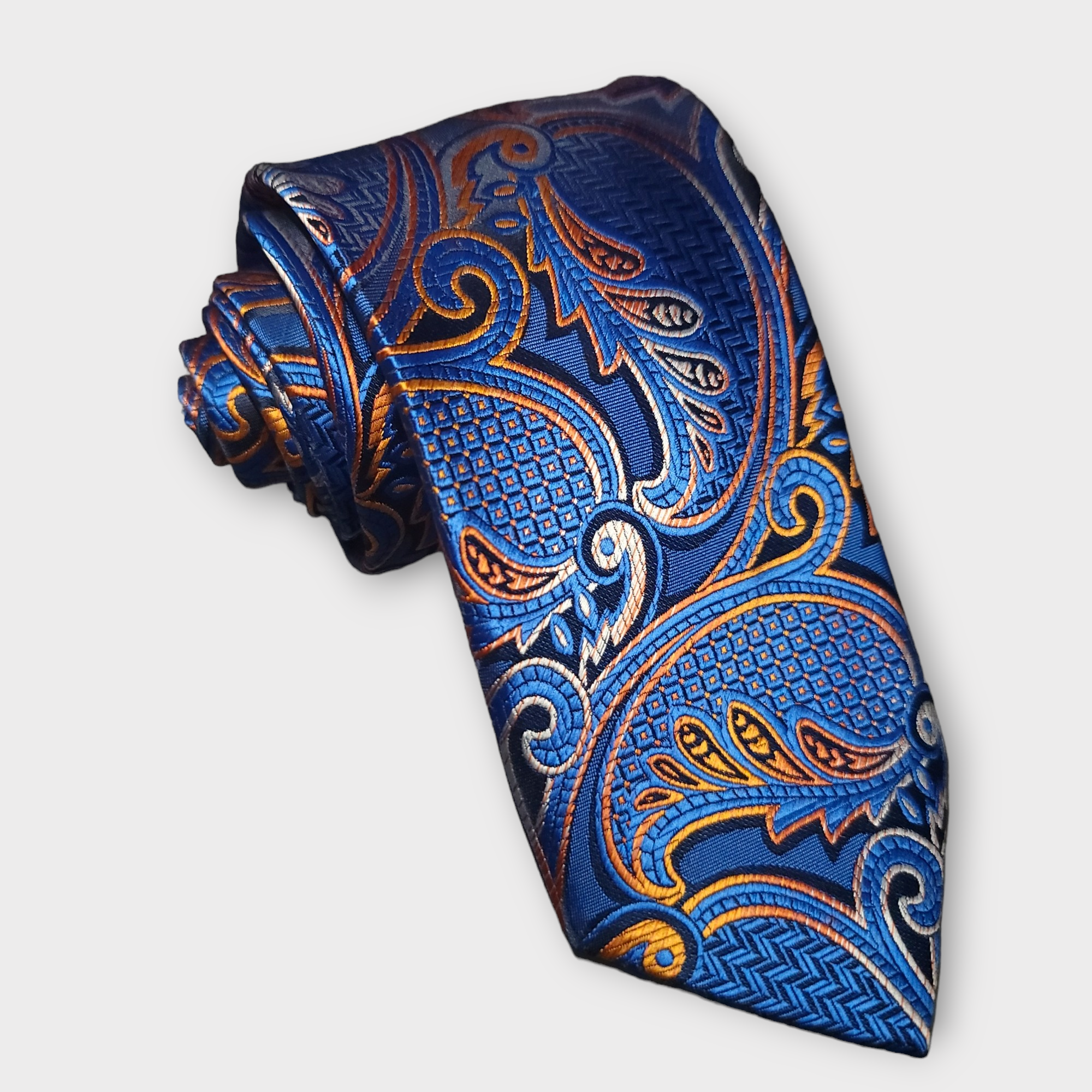 Royal Blue Orange Paisley Silk Tie Pocket Square Cufflink Set