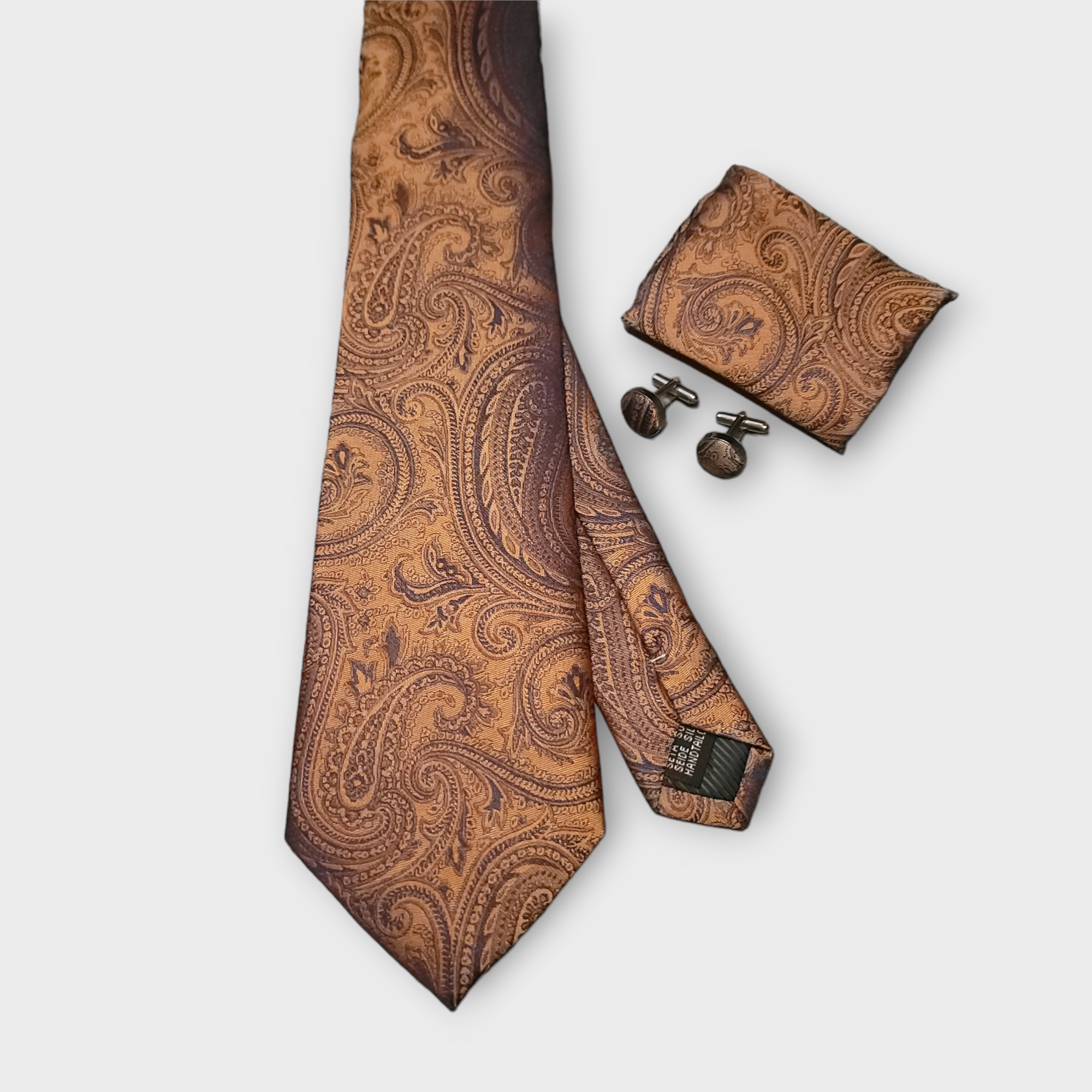 Gold Brown Black Paisley Silk Tie Pocket Square Cufflink Set