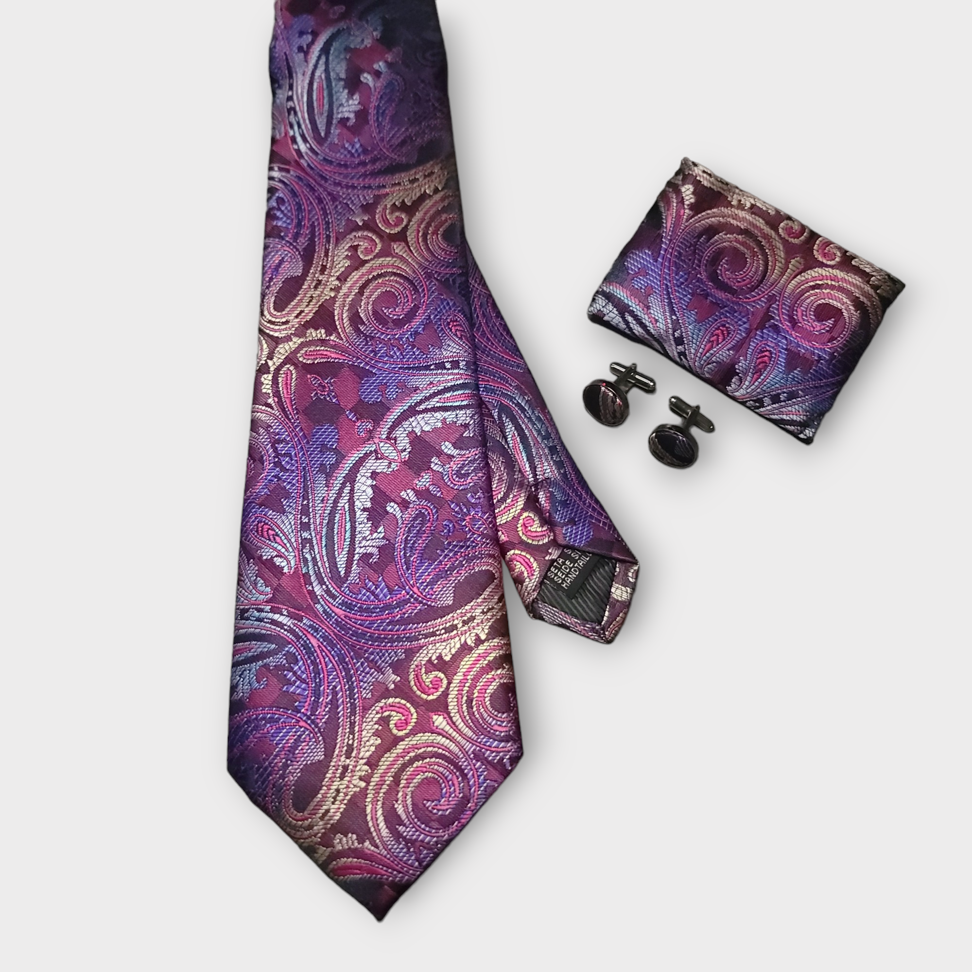 Purple Paisley Luxury Silk  Tie Pocket Square Cufflinks Set
