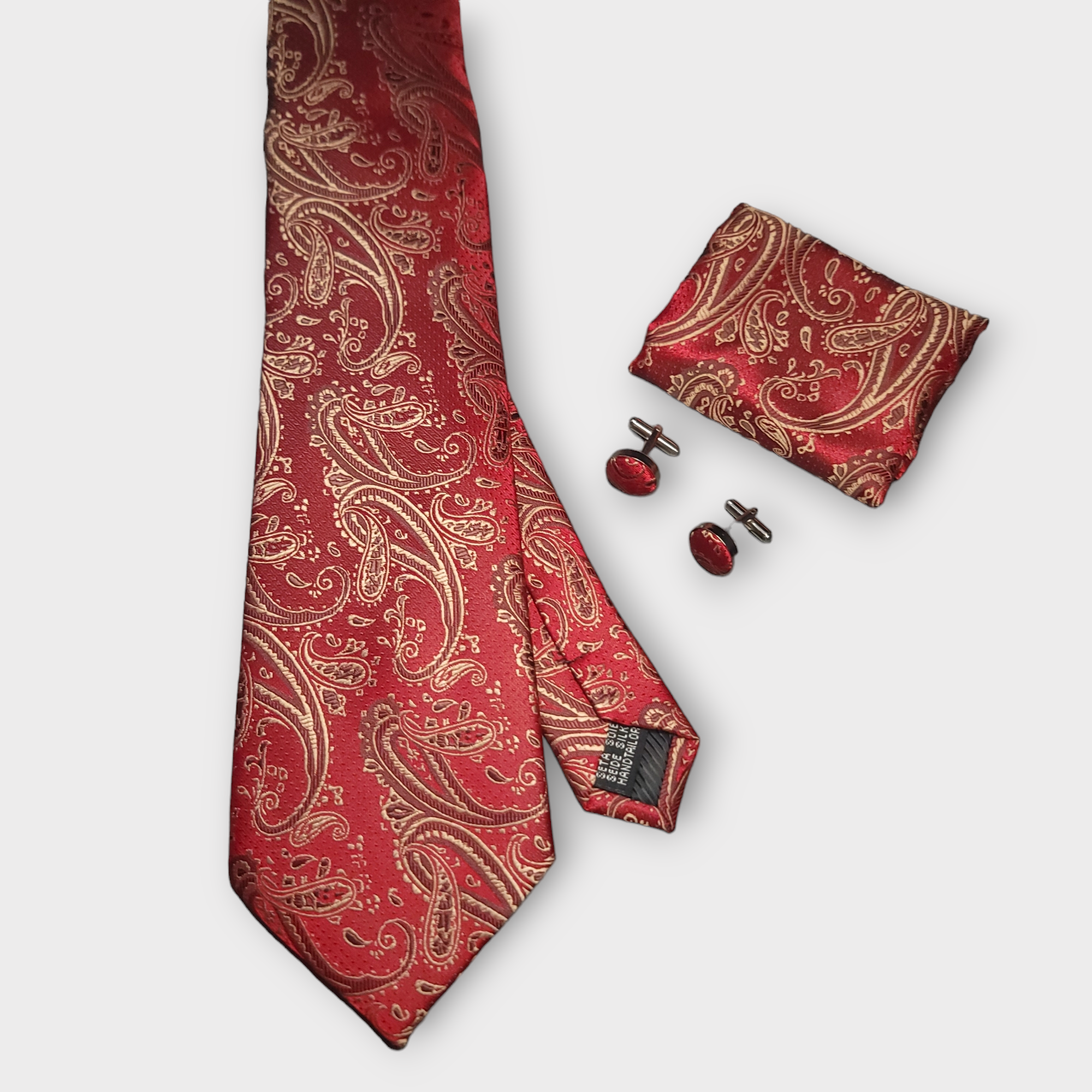 Red Gold Paisley Silk Tie Pocket Square Cufflinks Set
