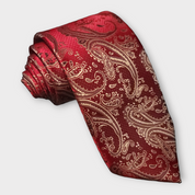 Red Gold Paisley Silk Tie Pocket Square Cufflinks Set