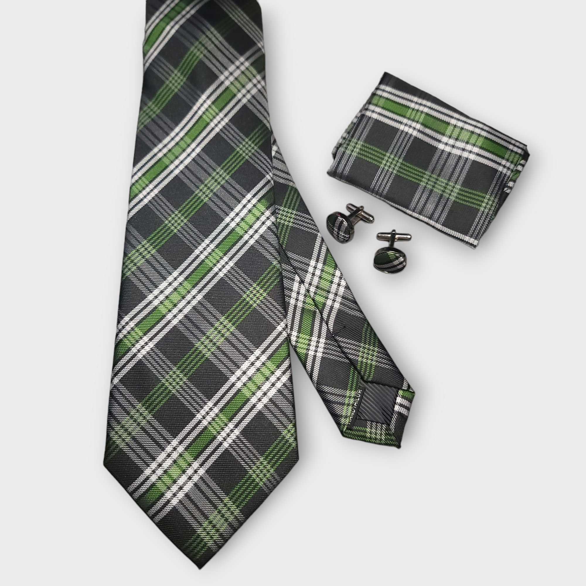 Green White Plaid Silk Tie Pocket Square Cufflink Set