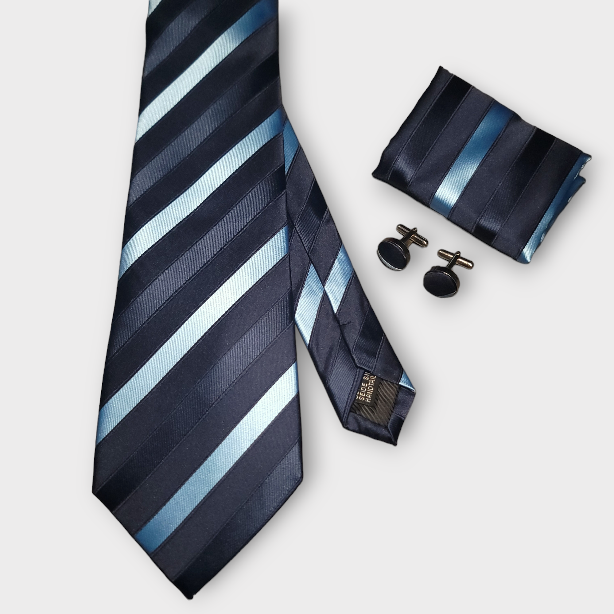 Navy Blue Light Blue Stripe Silk Tie Pocket Square Cufflink Set