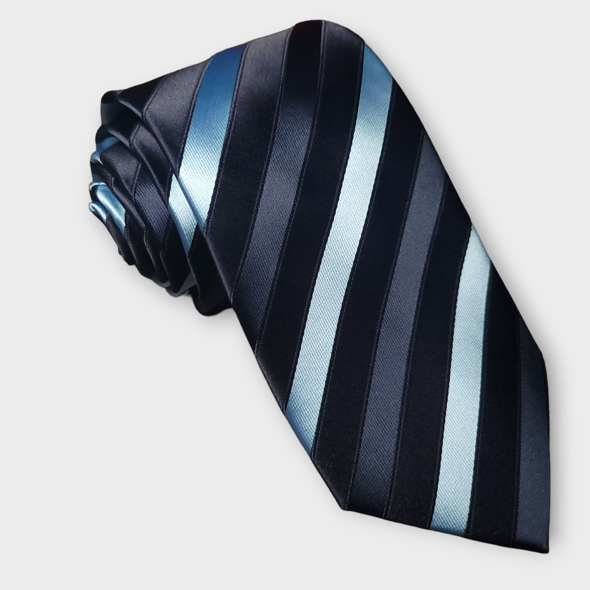 Navy Blue Light Blue Stripe Silk Tie Pocket Square Cufflink Set