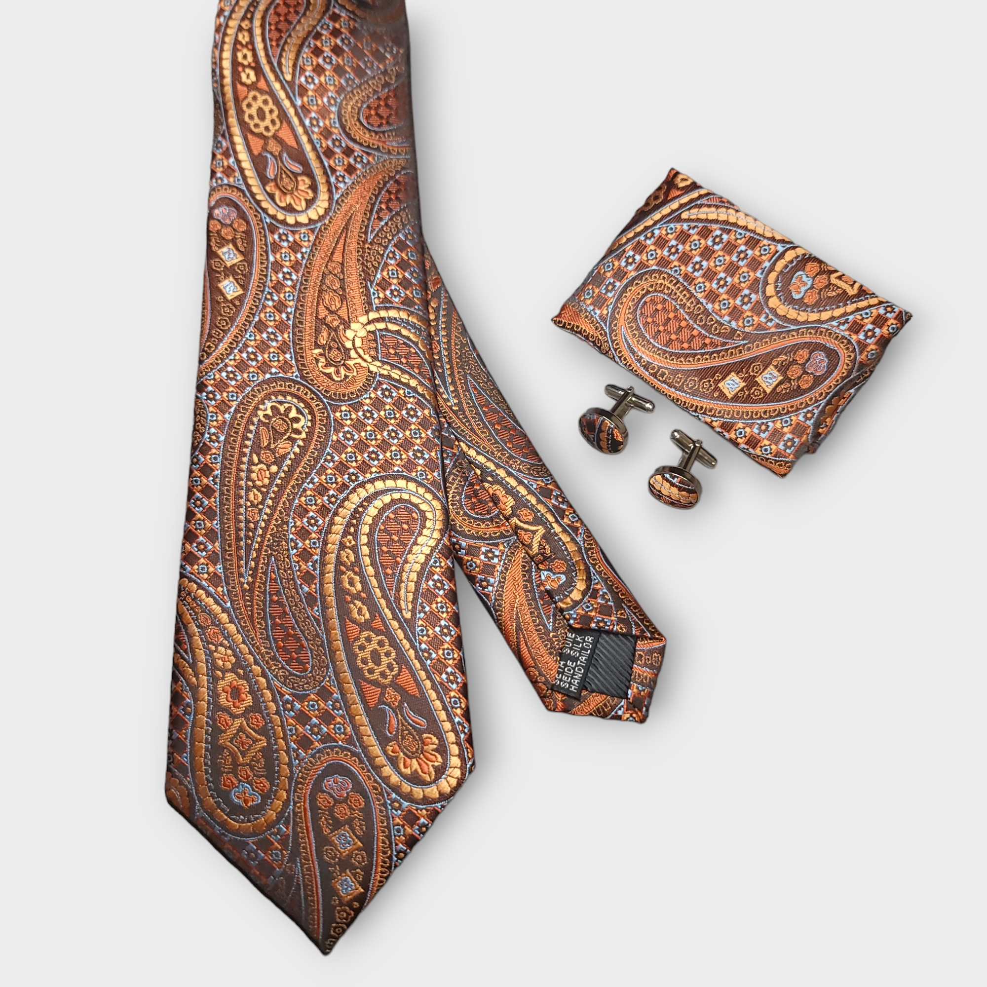 Luxury Burnt Orange Paisley Silk Tie Pocket Square Cufflink Set