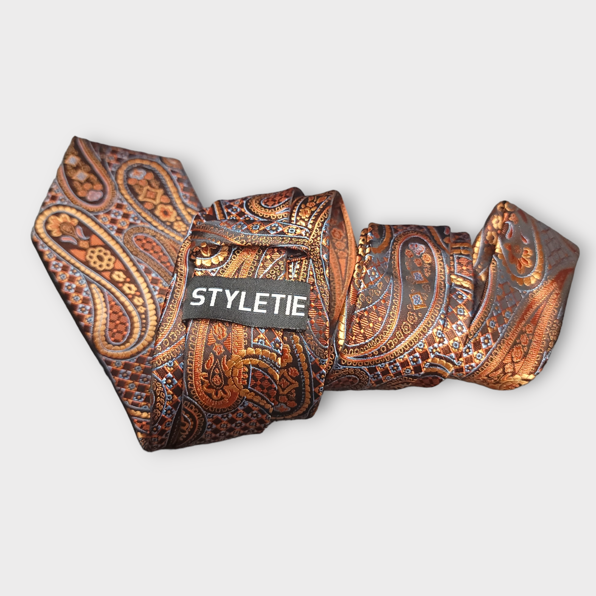 Luxury Burnt Orange Paisley Silk Tie Pocket Square Cufflink Set