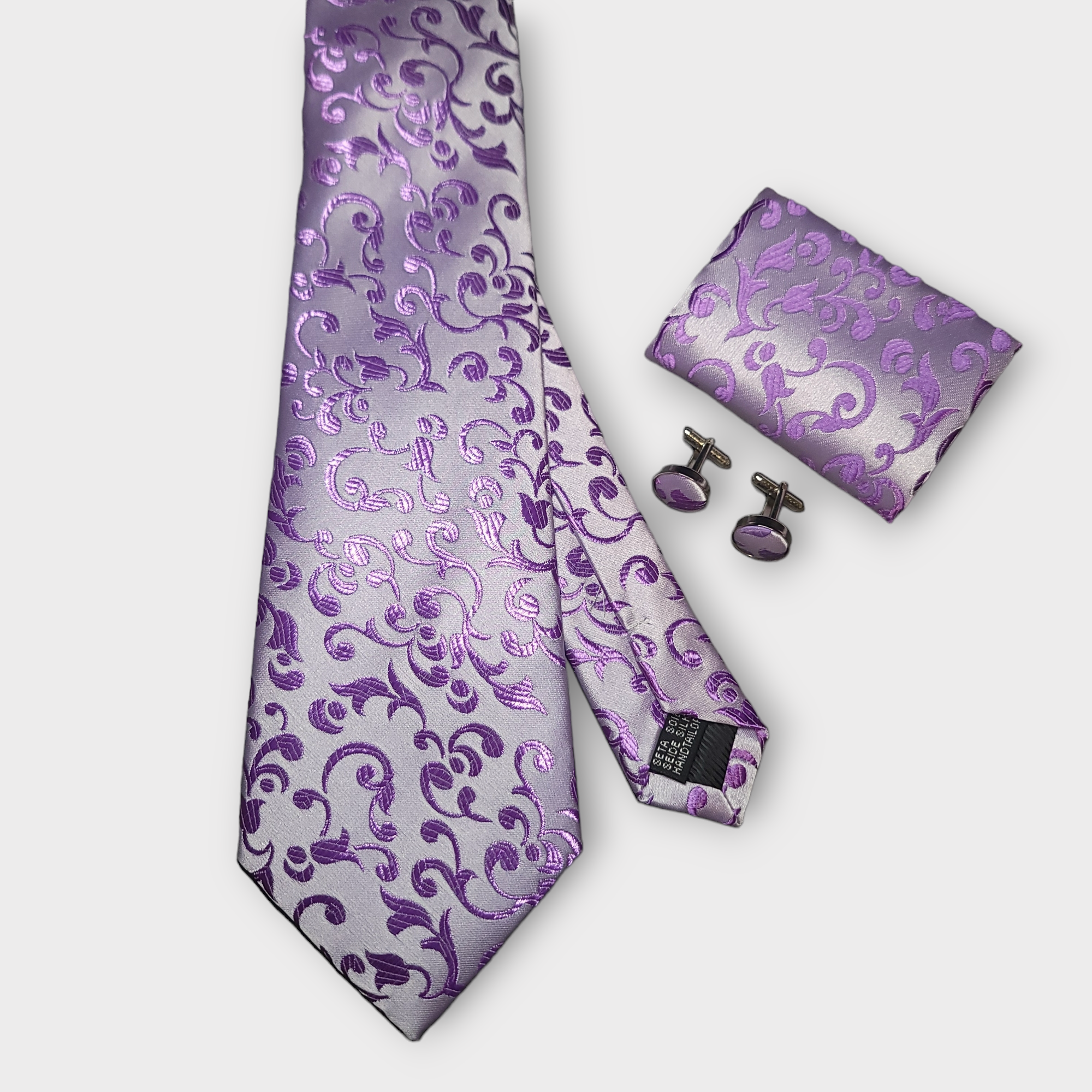 Lavender Purple Floral Silk Tie Pocket Square Cufflinks Set
