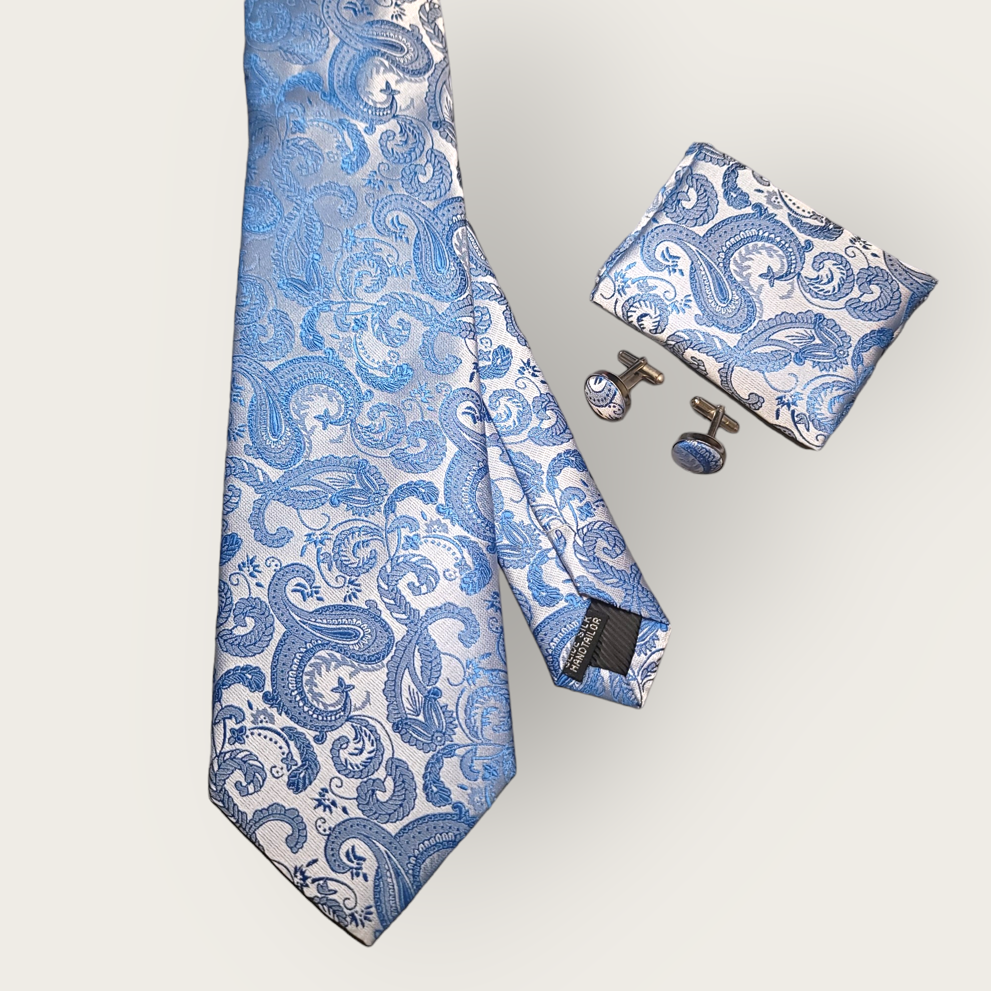 Light Blue Floral Paisley Silk Tie Pocket Square Cufflink Set