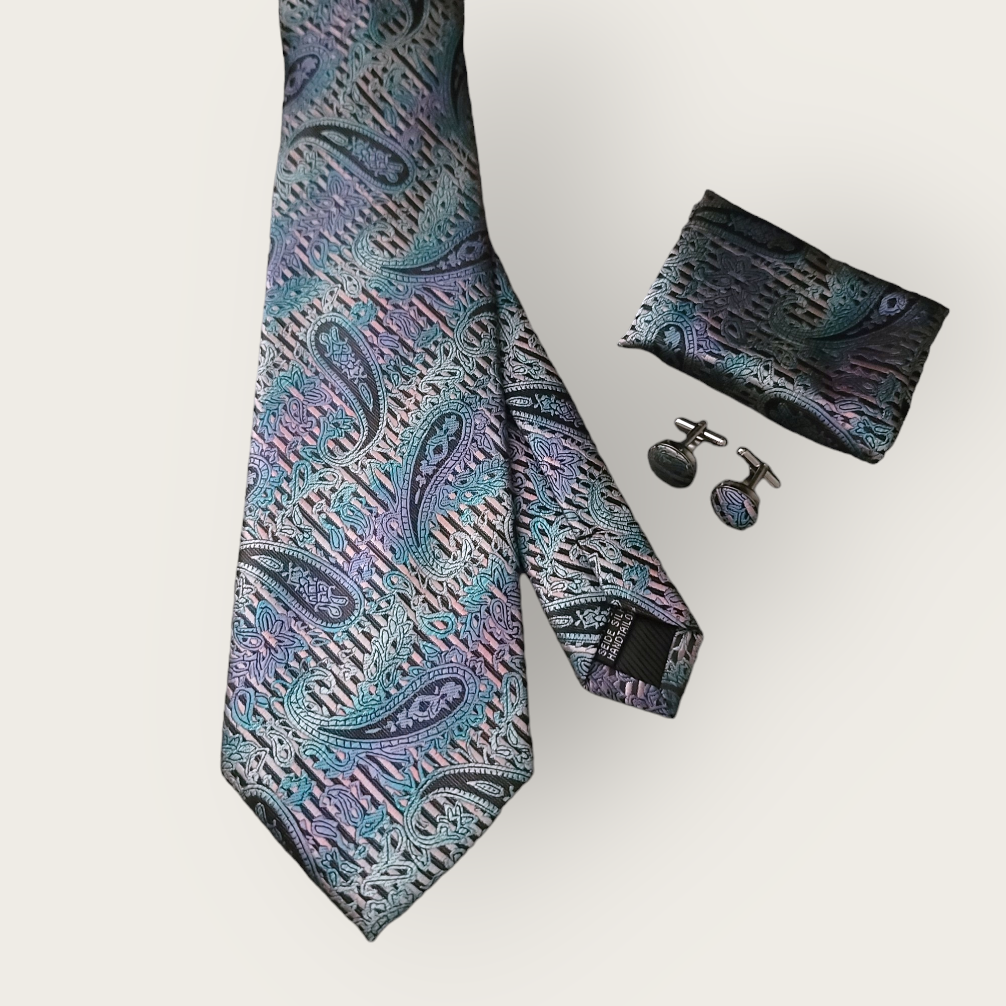 Blue Purple Paisley Silk Tie Pocket Square Cufflink Set