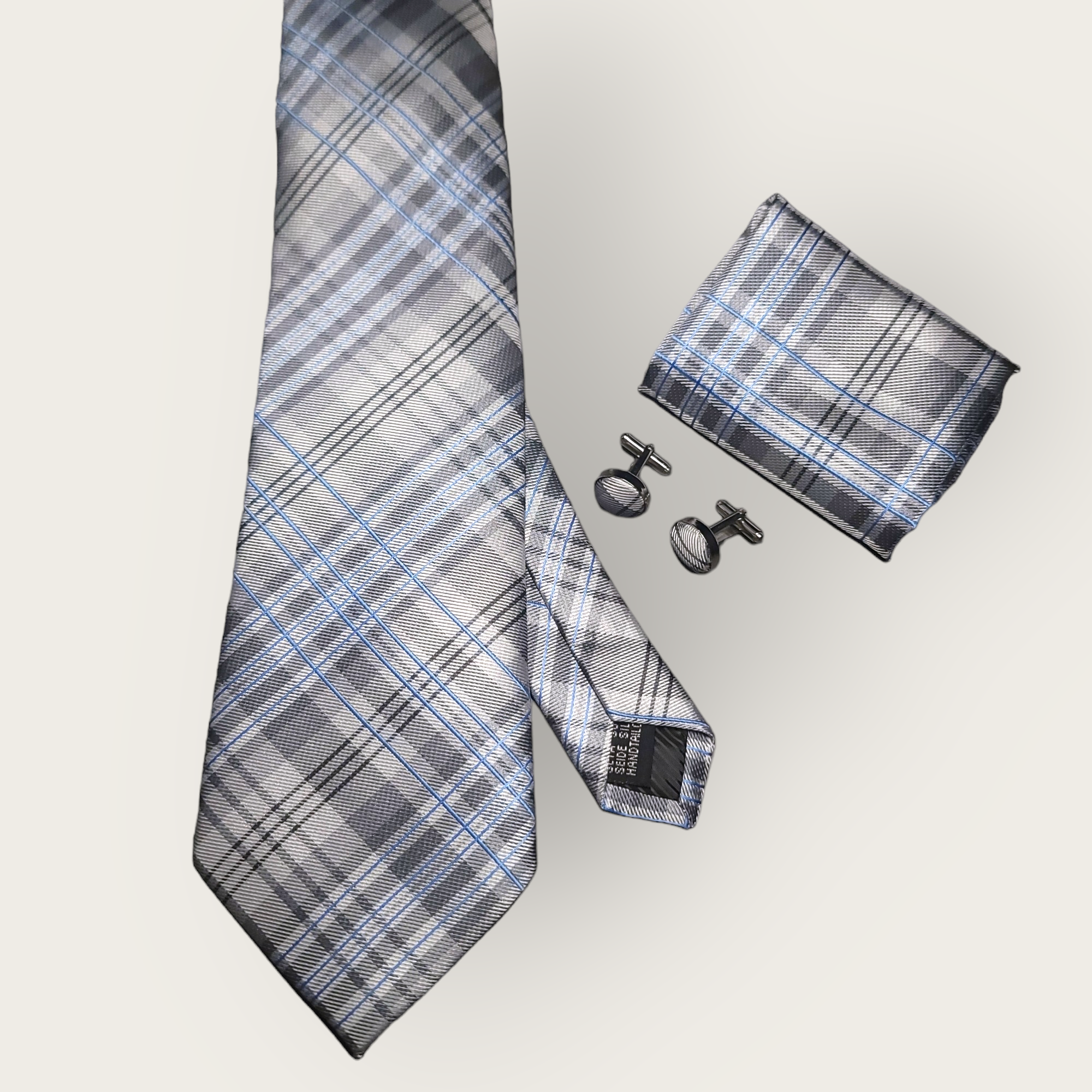 Gray Blue White Plaid Silk Tie Pocket Square Cufflink Set