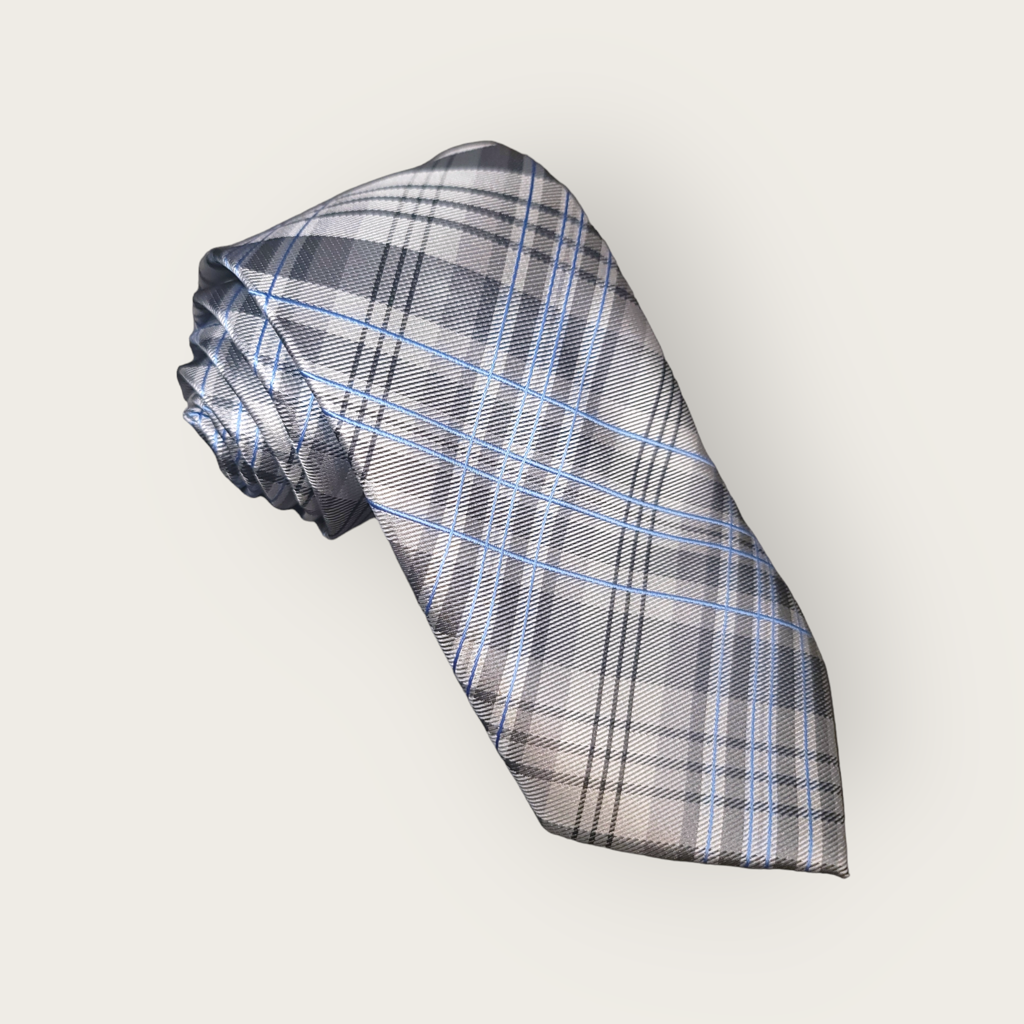 Gray Blue White Plaid Silk Tie Pocket Square Cufflink Set