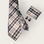 Brown Plaid Silk Tie Pocket Square Cufflink Set jw