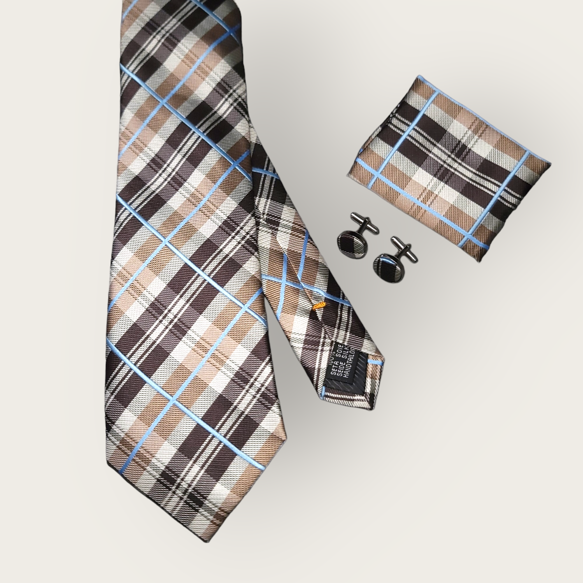 Brown Plaid Silk Tie Pocket Square Cufflink Set jw